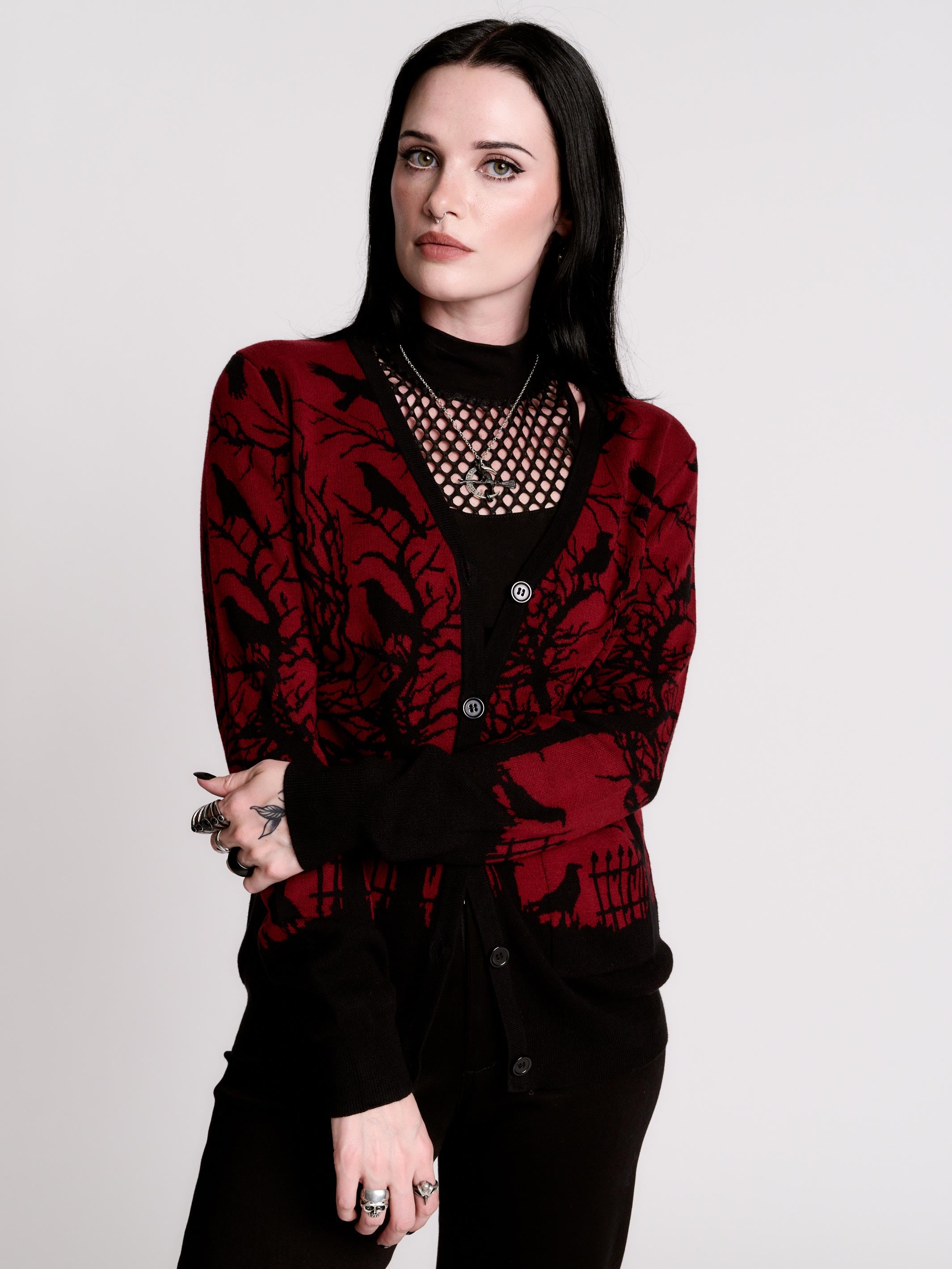 ね*こ様 【美品】ttt_msw 21aw panther knit cardi Gothic Crow Cardigan - Cotton Button-Up in Black & Red – Midnight Hour