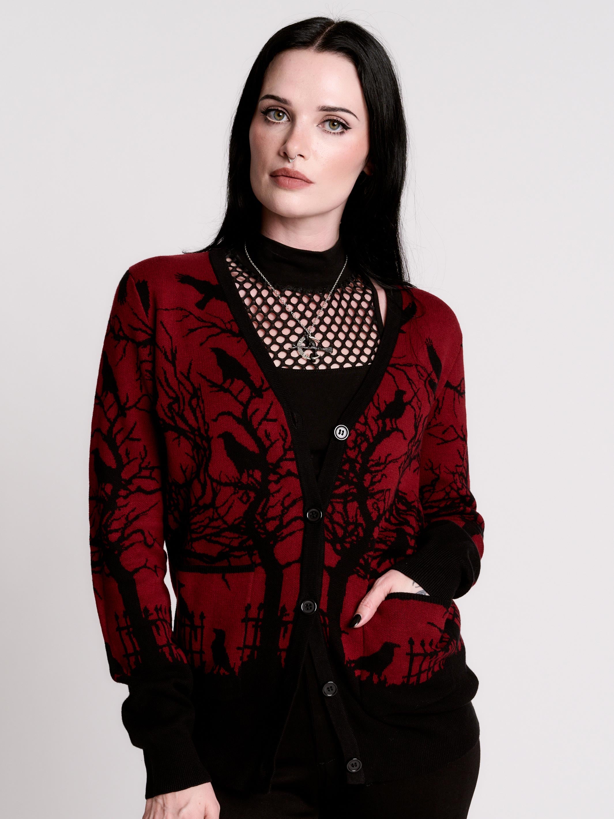 Murder of Crows Cardigan | Cotton Button-Up in Black & Red