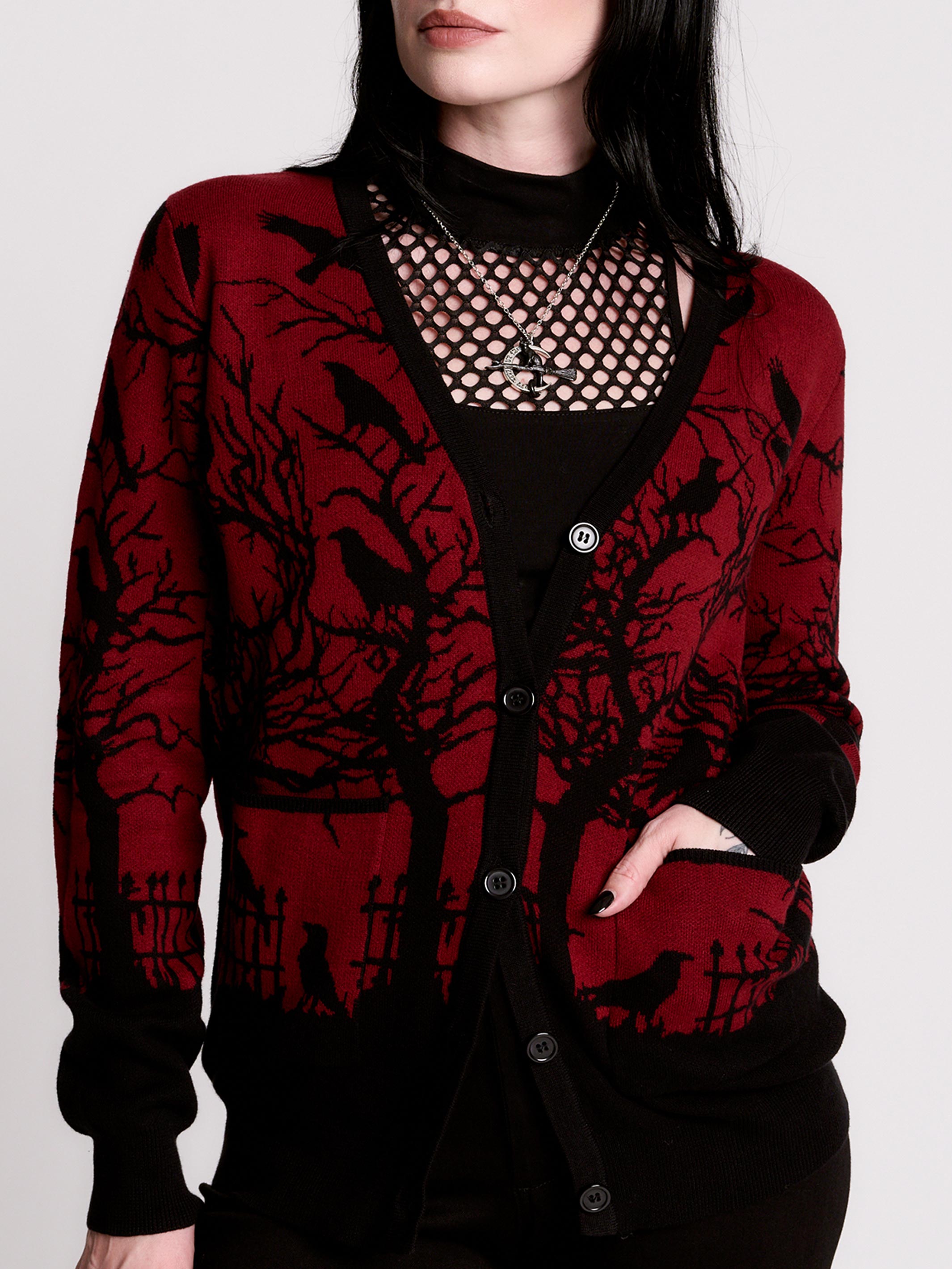 Gothic Crow Cardigan - Cotton Button-Up in Black & Red – Midnight Hour
