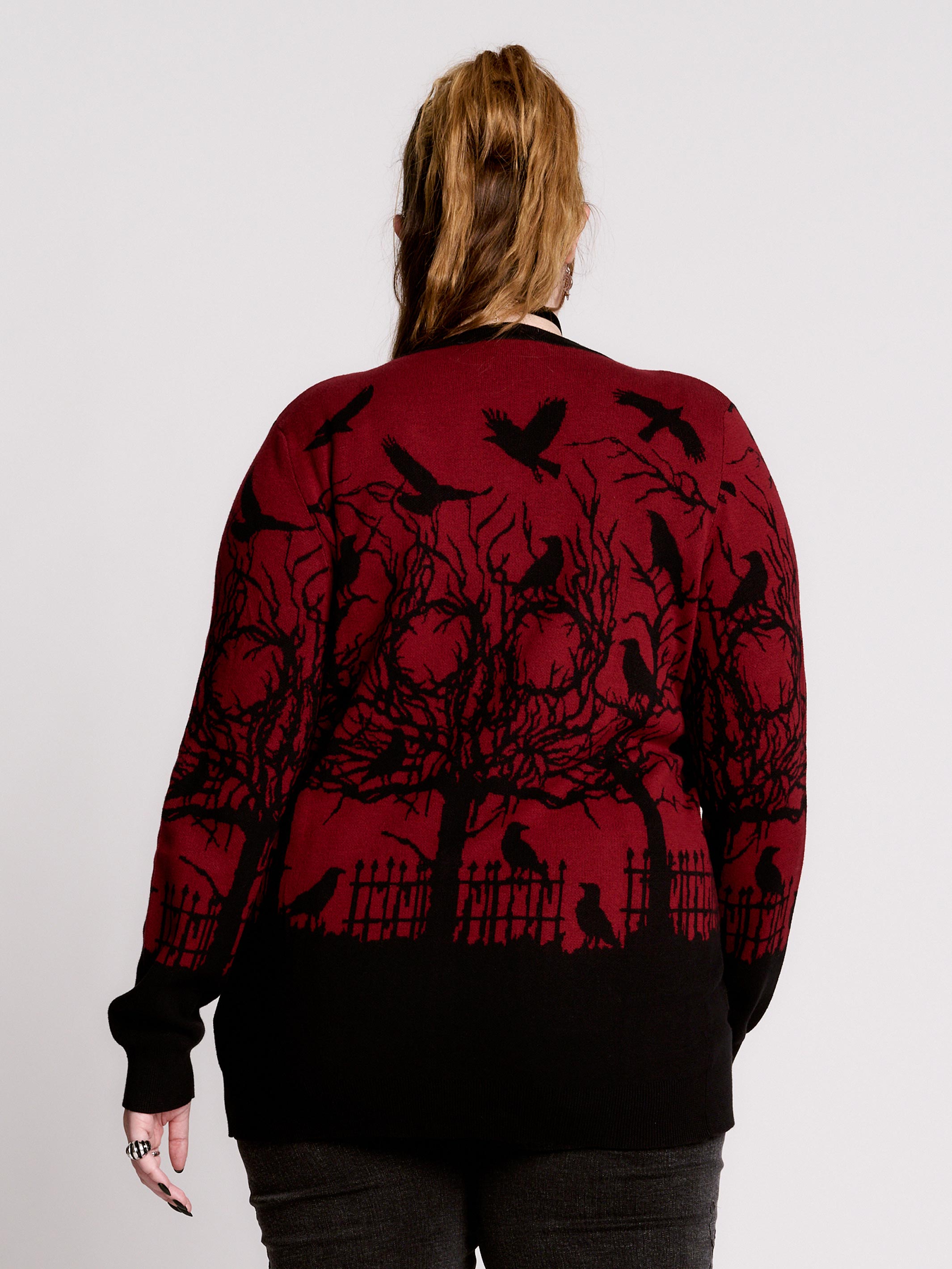 Gothic Crow Cardigan - Cotton Button-Up in Black & Red – Midnight Hour