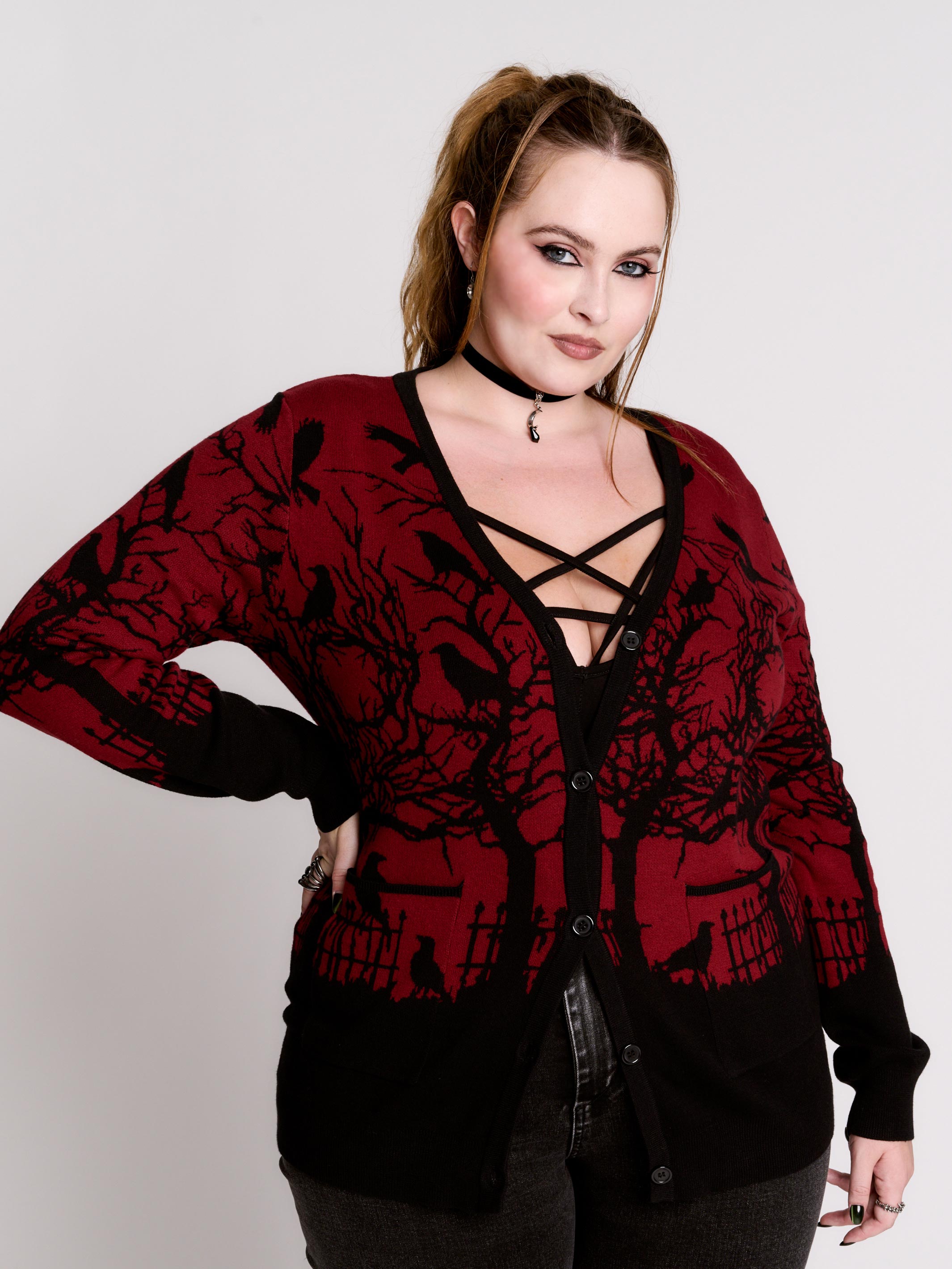 Murder of Crows Cardigan | Cotton Button-Up in Black & Red