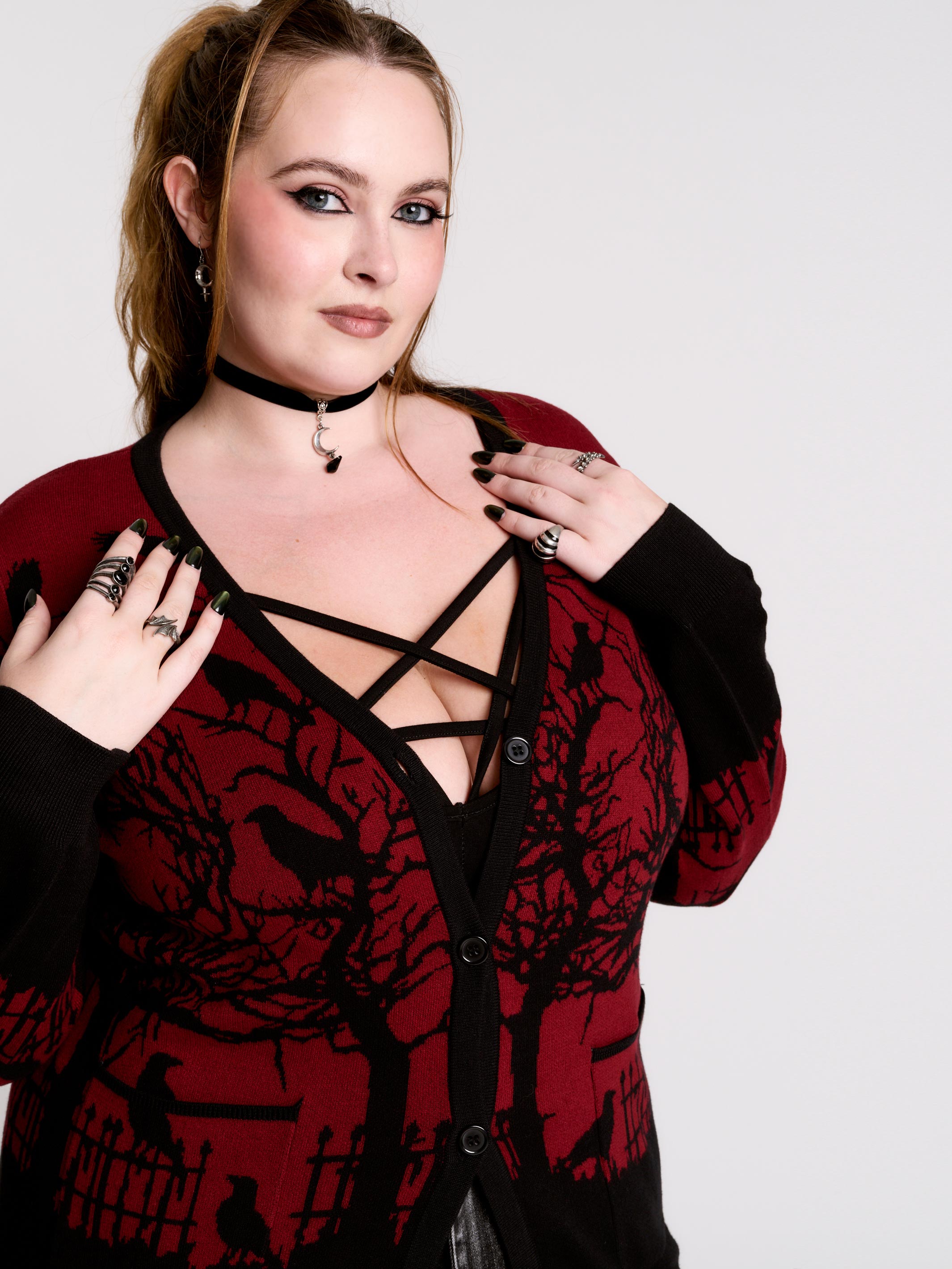 Goth Raven Cardigan (Plus Size) – Cotton Knit & Gargoyle Buttons