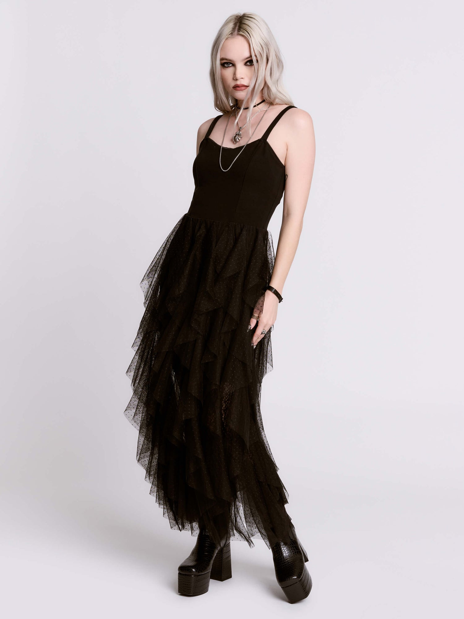 Floor-length V-neck Ruffle Dresses with Cascade Skirt Sunset