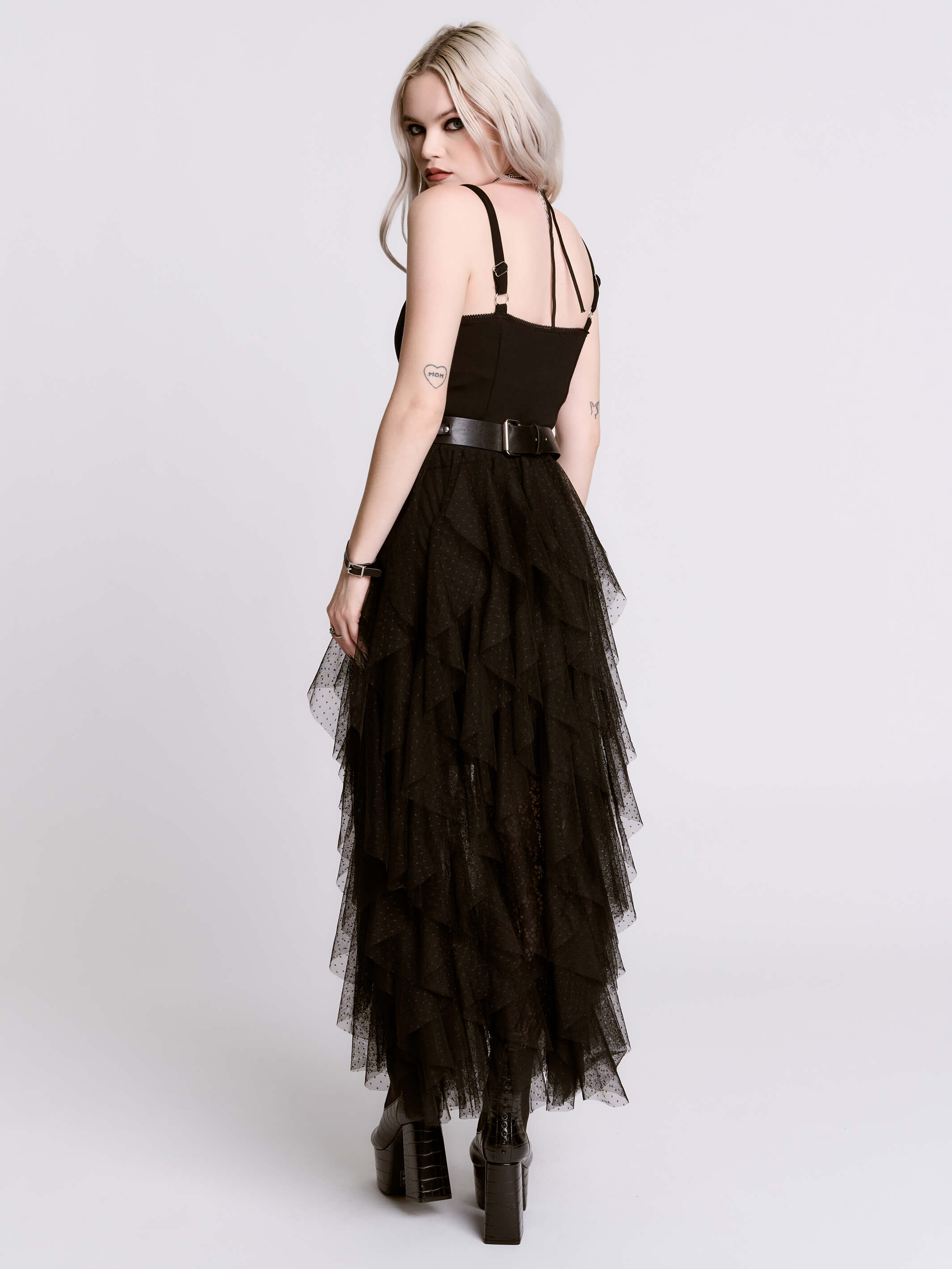 black mesh ruffle dress Crystal Detail Mesh Ruffle Dress Black