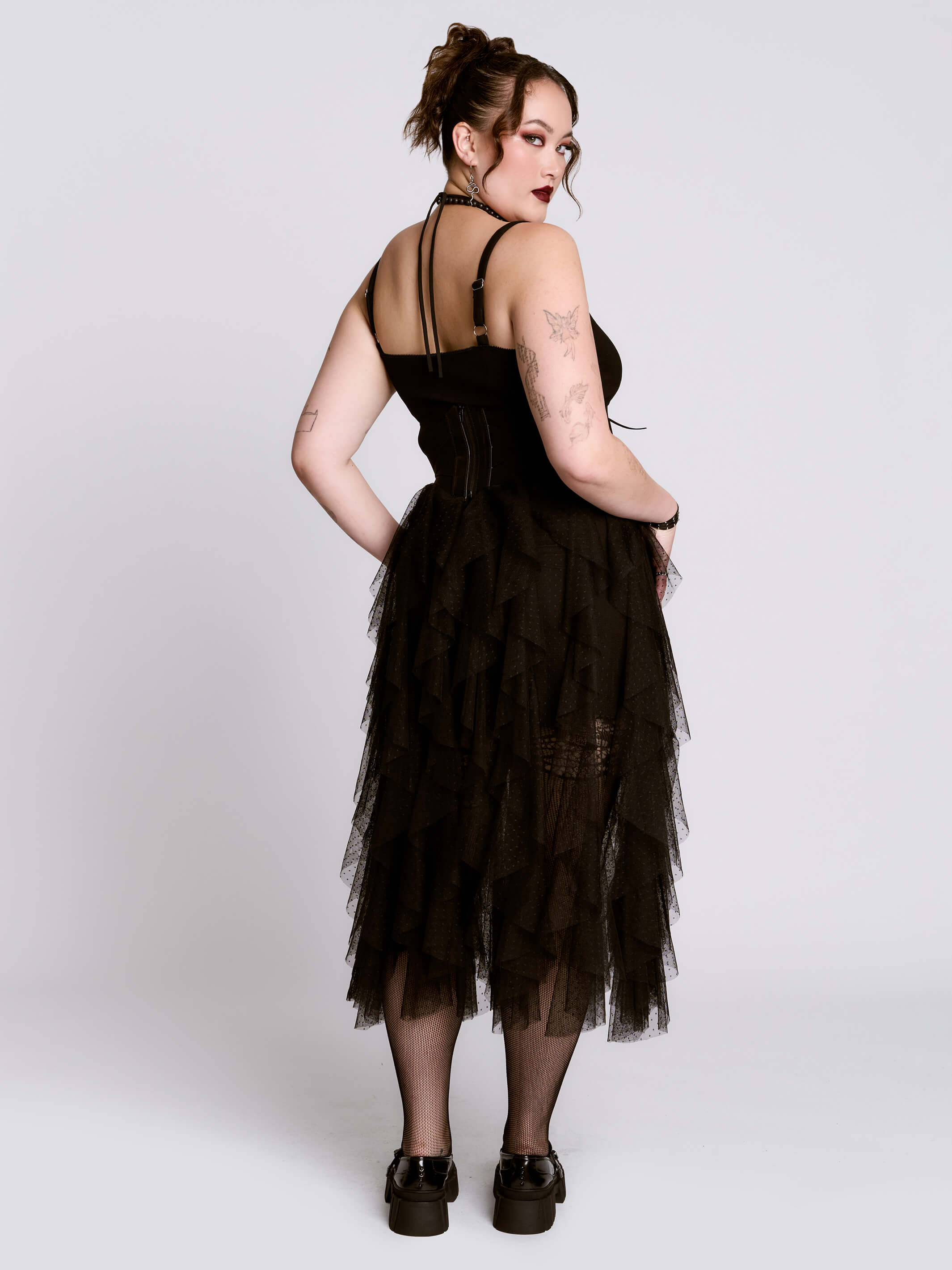 Cascade Ruffle Dress by Midnight Hour – Gothic Black Ruffle Mesh