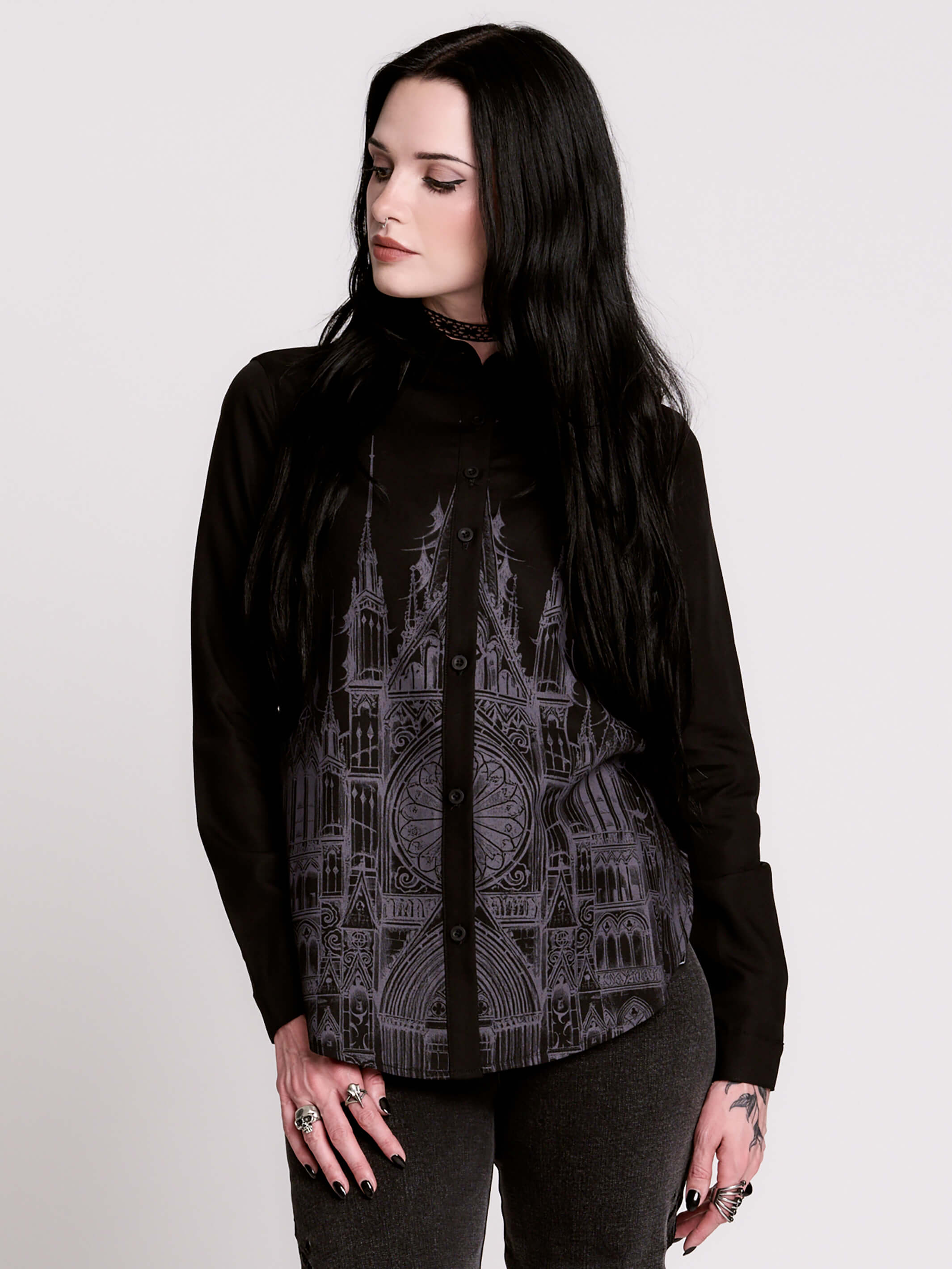 black long-sleeve button-up shirt featuring a large gray gothic cathedral architectural print on the front
