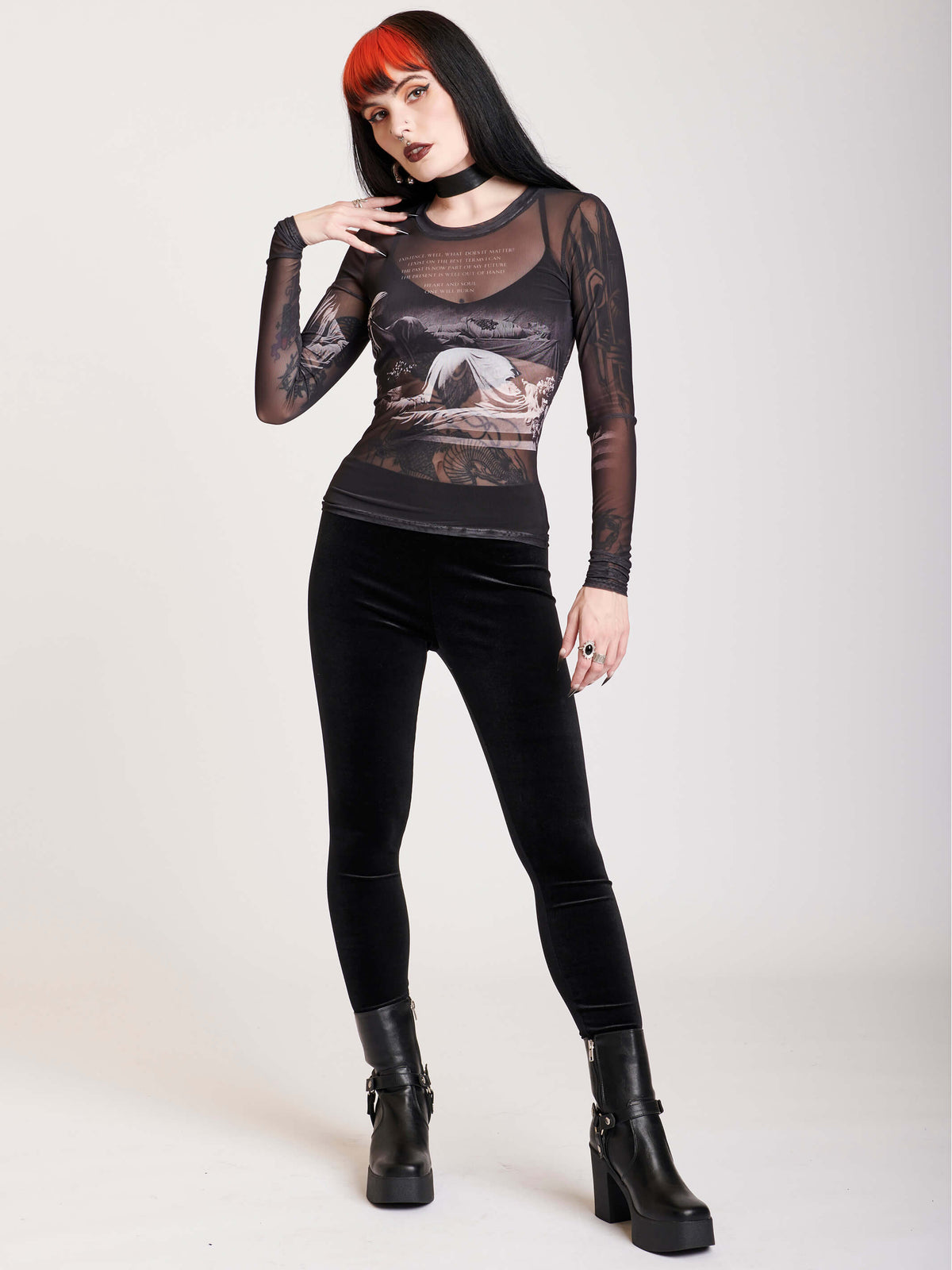 MESH LONG SLEEVE TOP WITH PRINTED GRAPHICS
