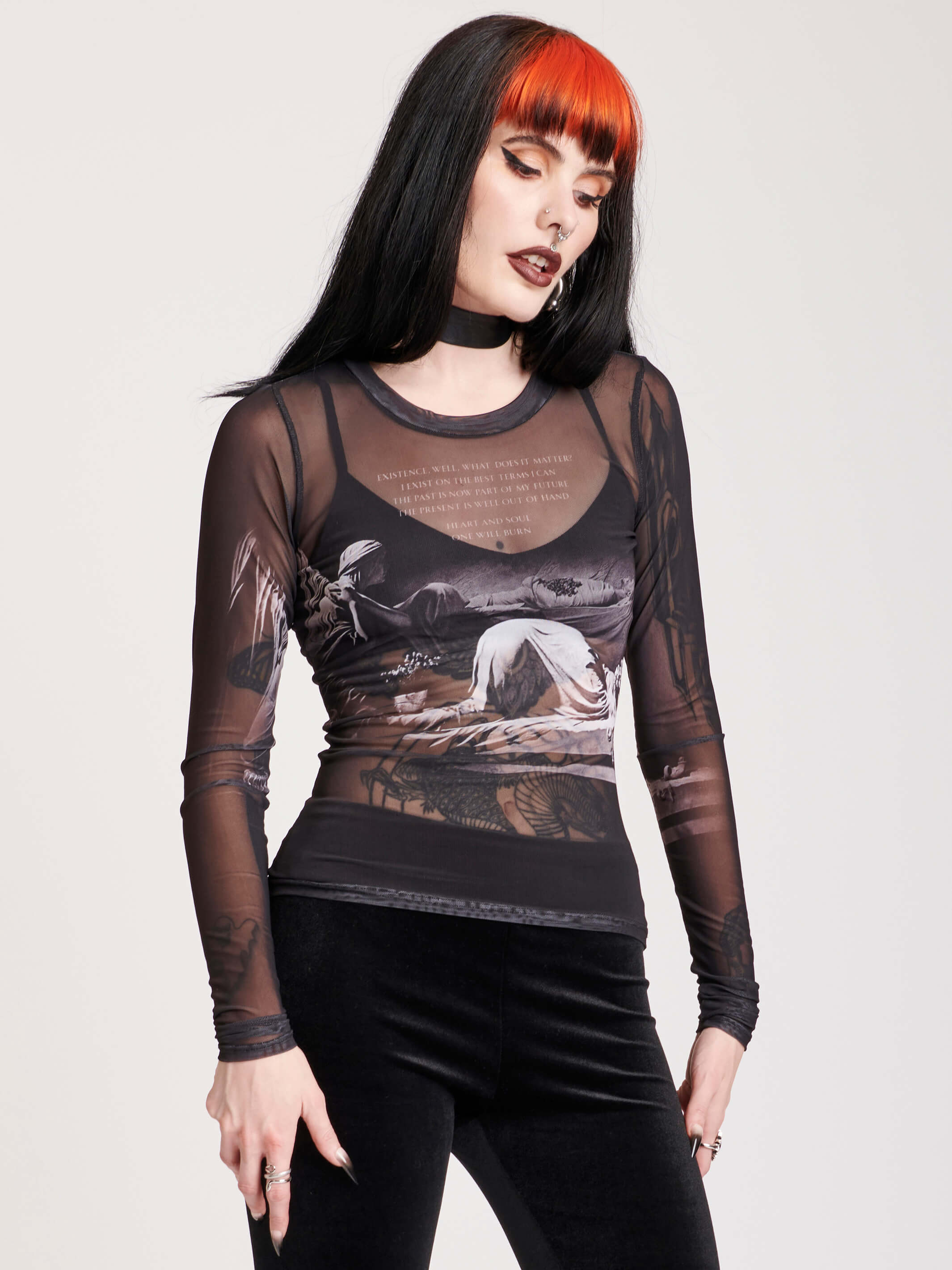 MESH LONG SLEEVE TOP WITH PRINTED GRAPHICS
