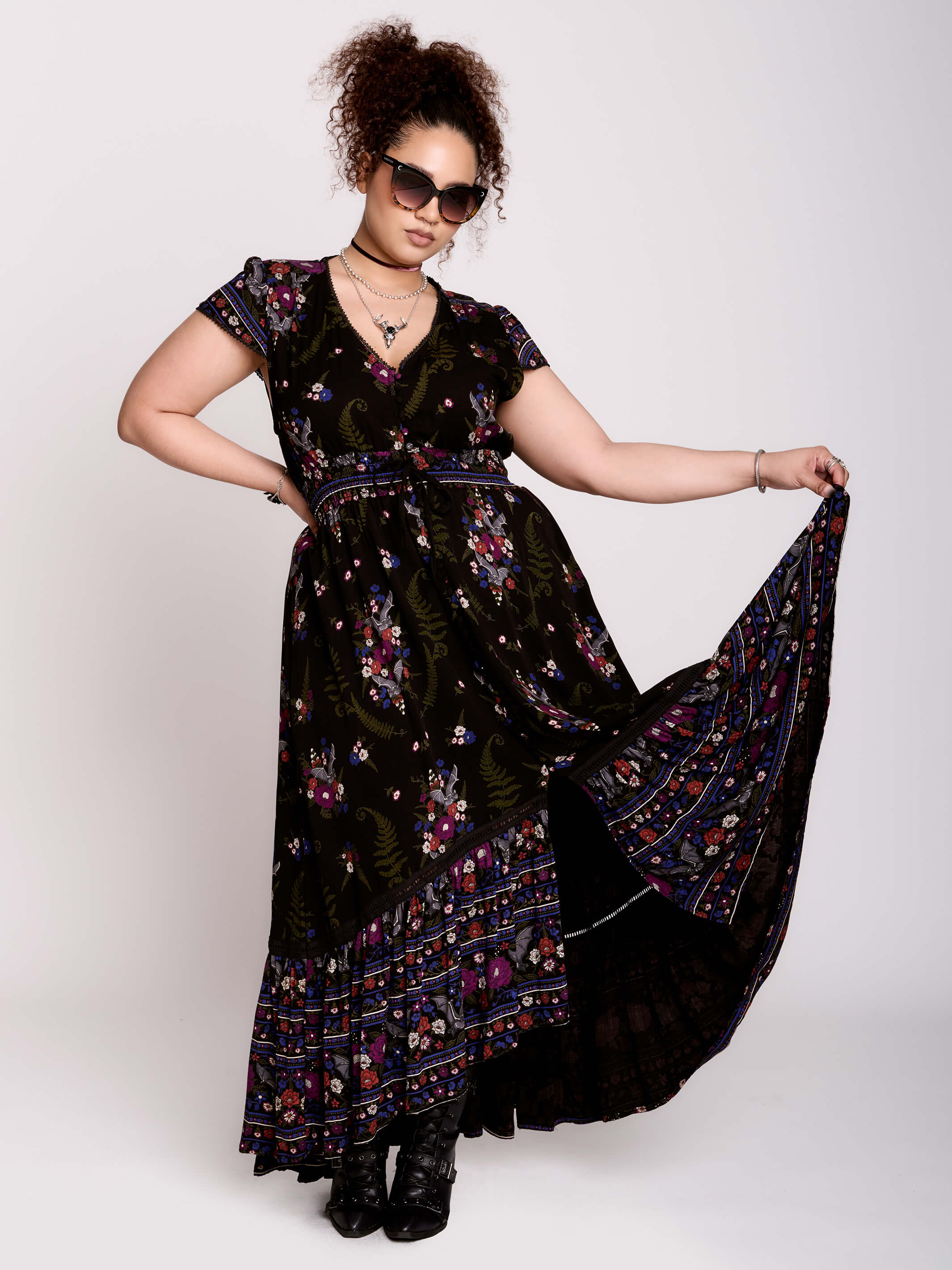 Coven Peasant Dress by Midnight Hour – Goth Boho Maxi with Bat Floral Print