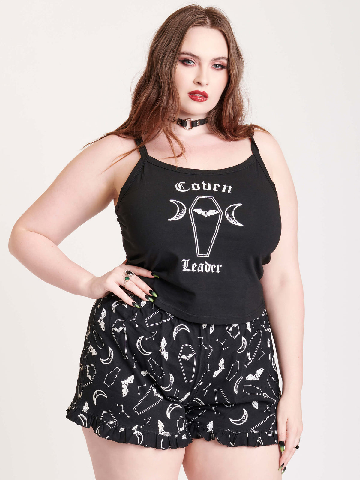 tank top and shorts with bats and coffin print