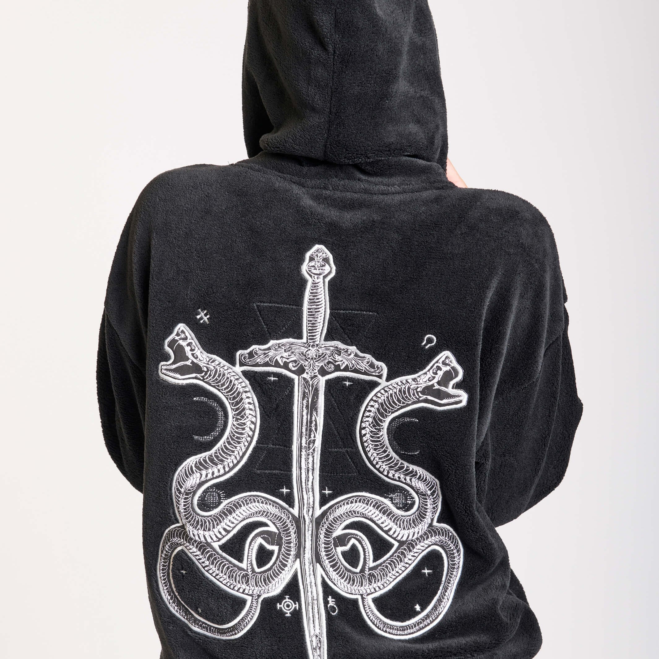 Plush hoodie with sword and snake embroidery