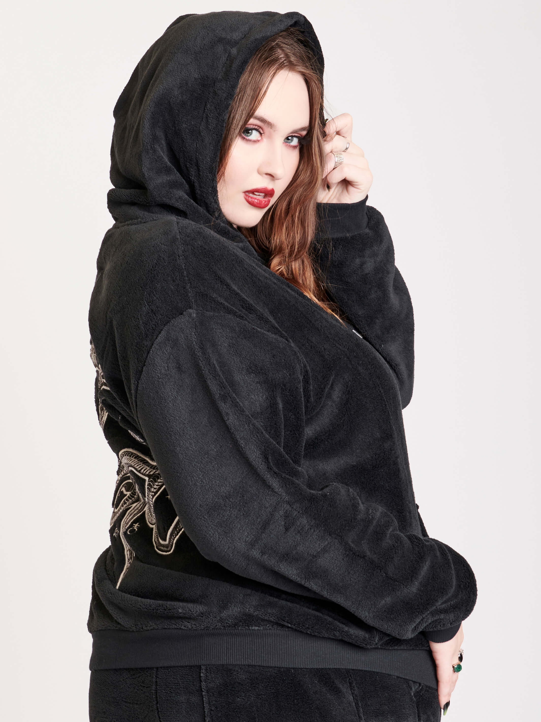 Plush hoodie with sword and snake embroidery