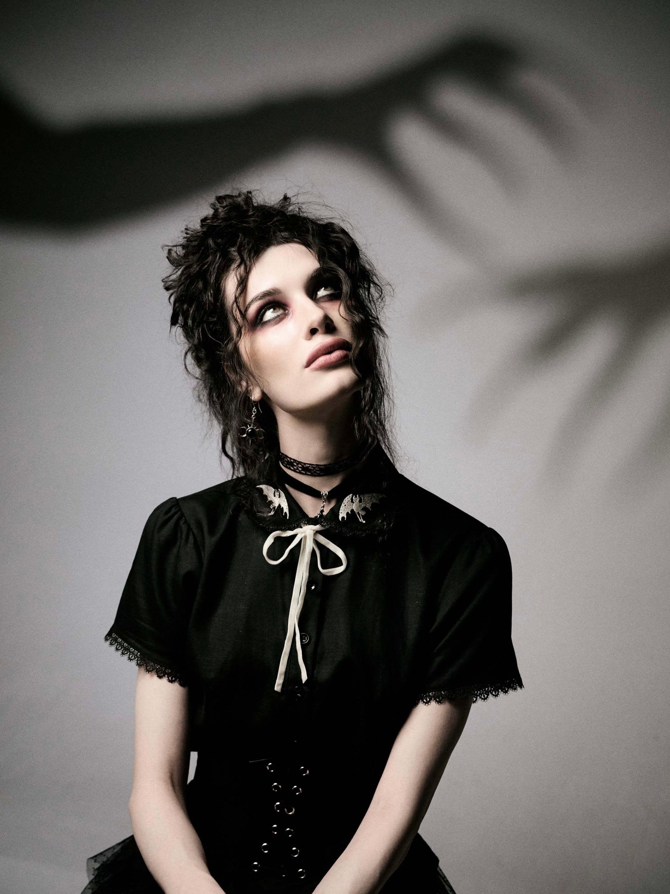 Edward Gorey Bats Blouse | Lace Collar & Removable Ribbon Tie