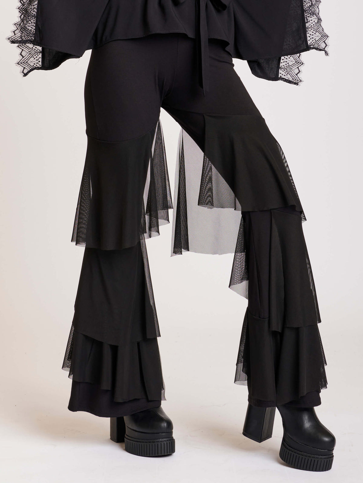 Palazzo pants with mesh panel layers from mid thigh down