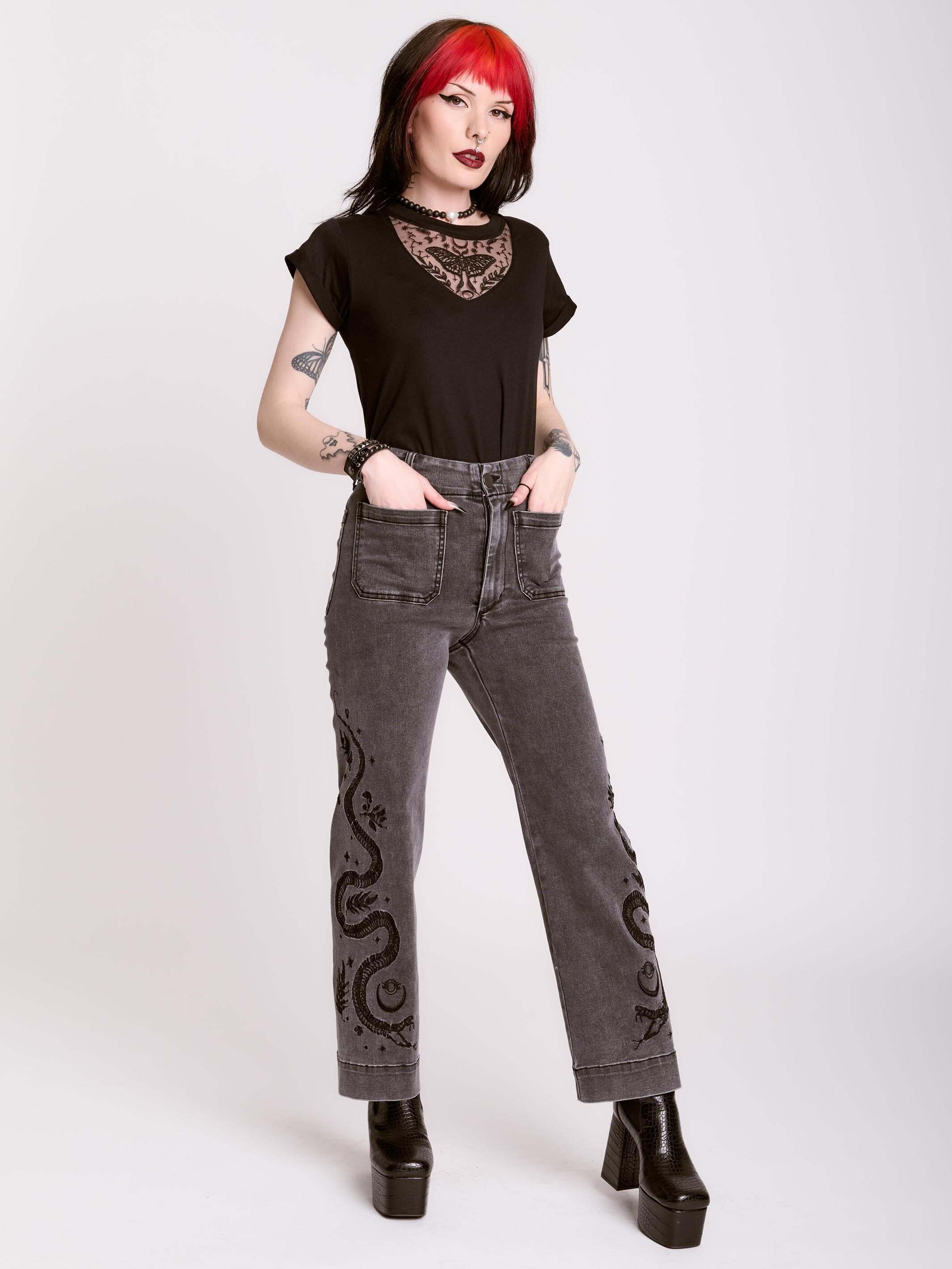 Distressed Embroidered Jeans – Midnight Hour