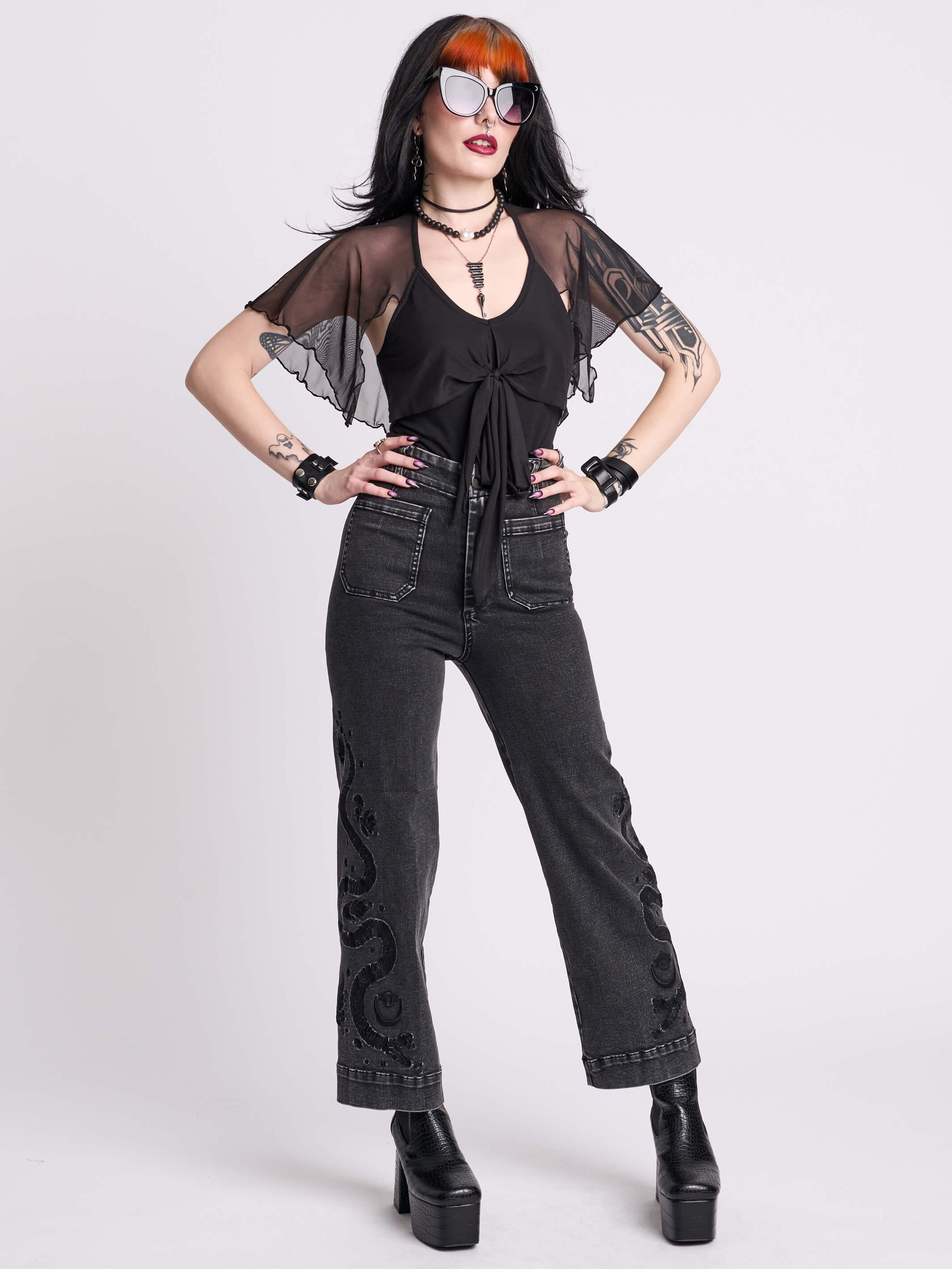 Distressed Embroidered Jeans | Dark Alt Denim | Midnight Hour