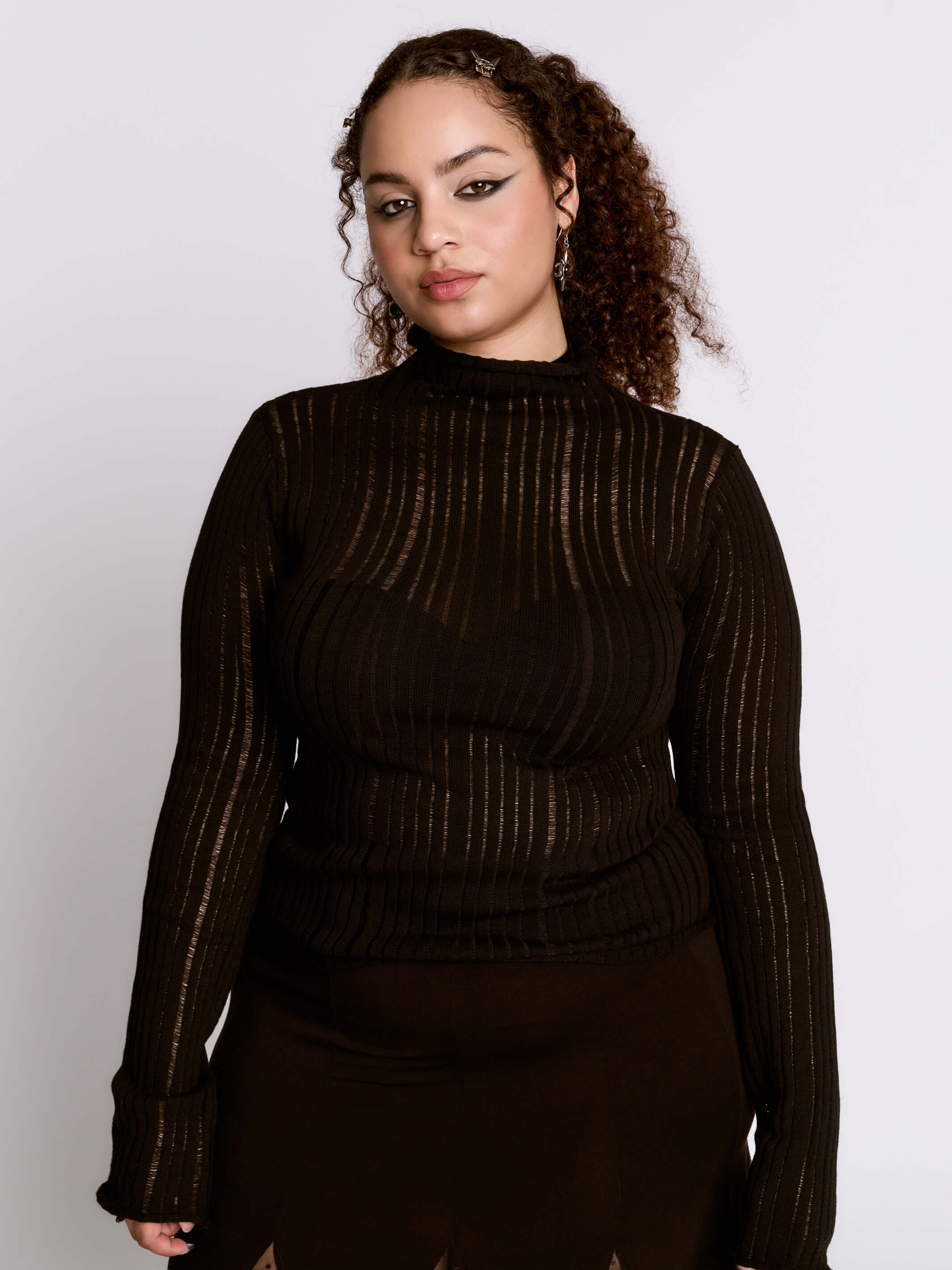 Distressed Striped Sweater | Semi-Sheer Mock Neck Goth Top