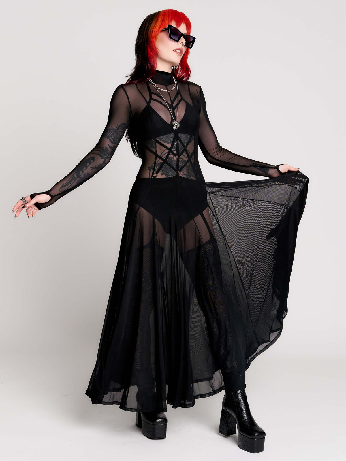 black sheer long-sleeve maxi dress