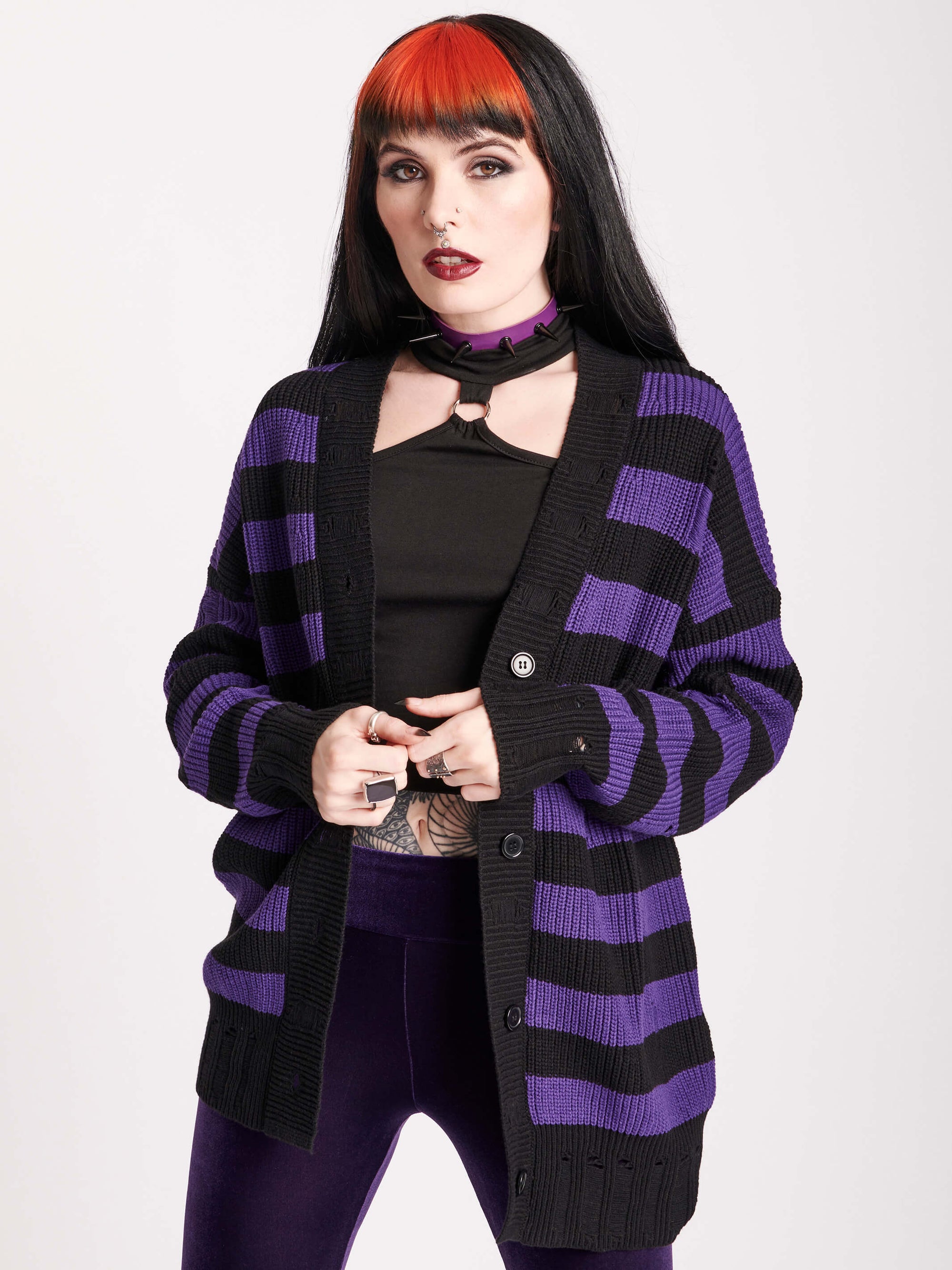 purple and black stiped cardigan with drop stitch details throughout