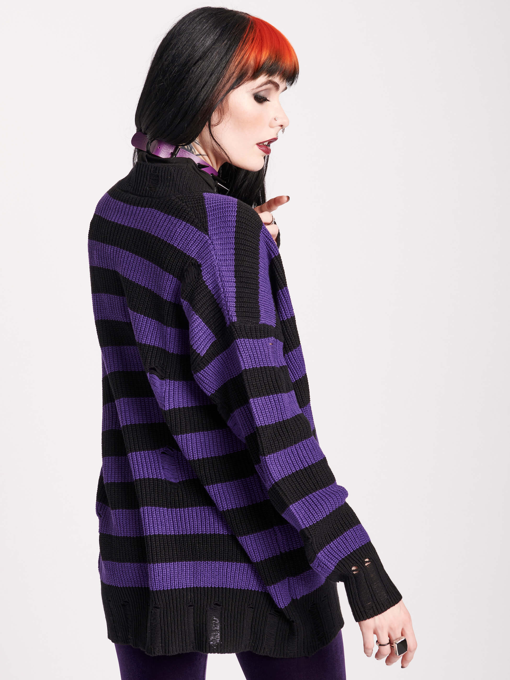 purple and black stiped cardigan with drop stitch details throughout