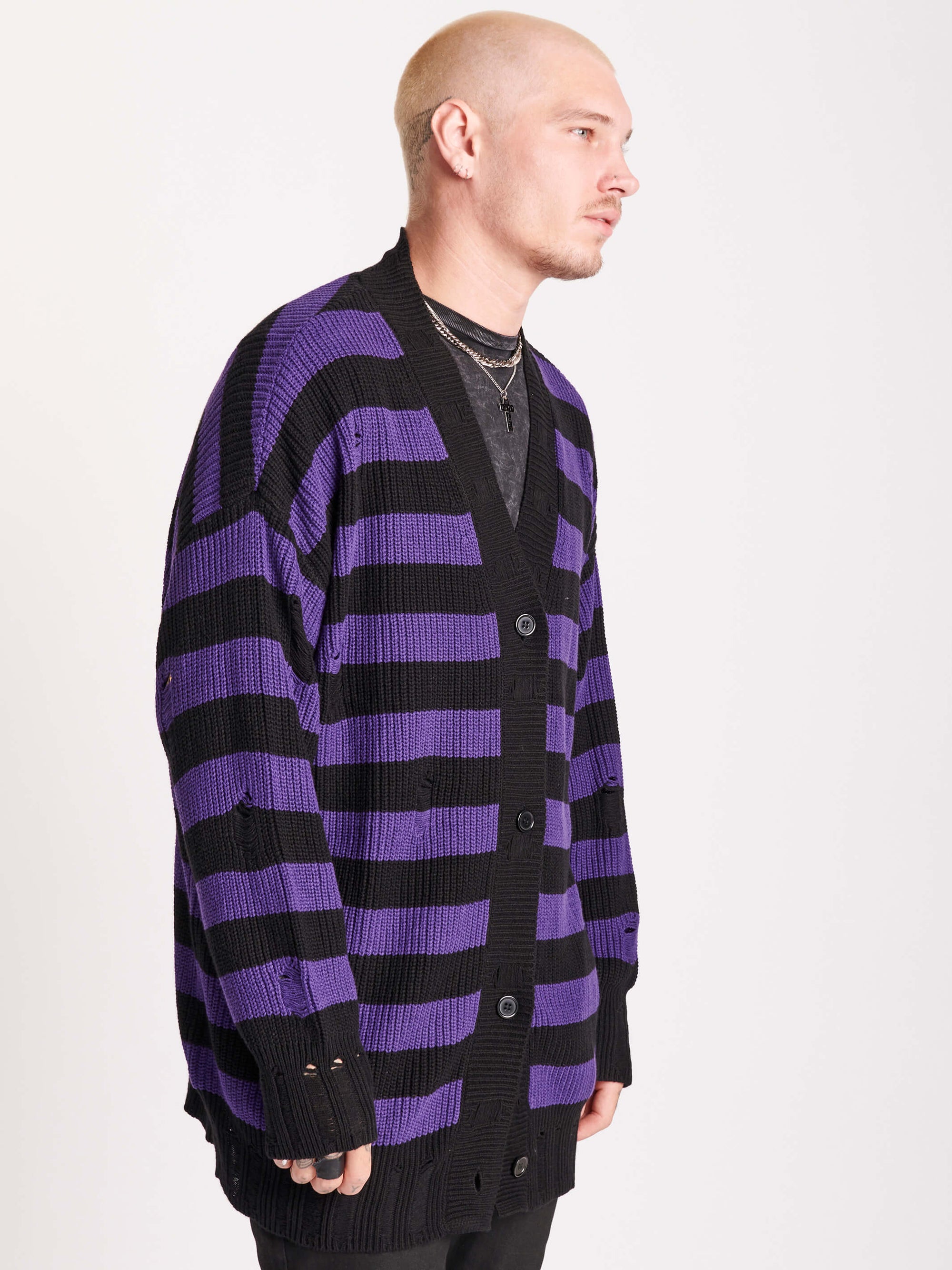 purple and black stripw cardigan with drop stitch detail throughout