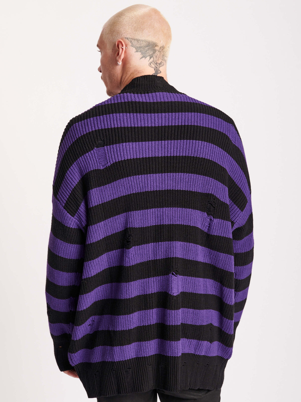 purple and black stripw cardigan with drop stitch detail throughout