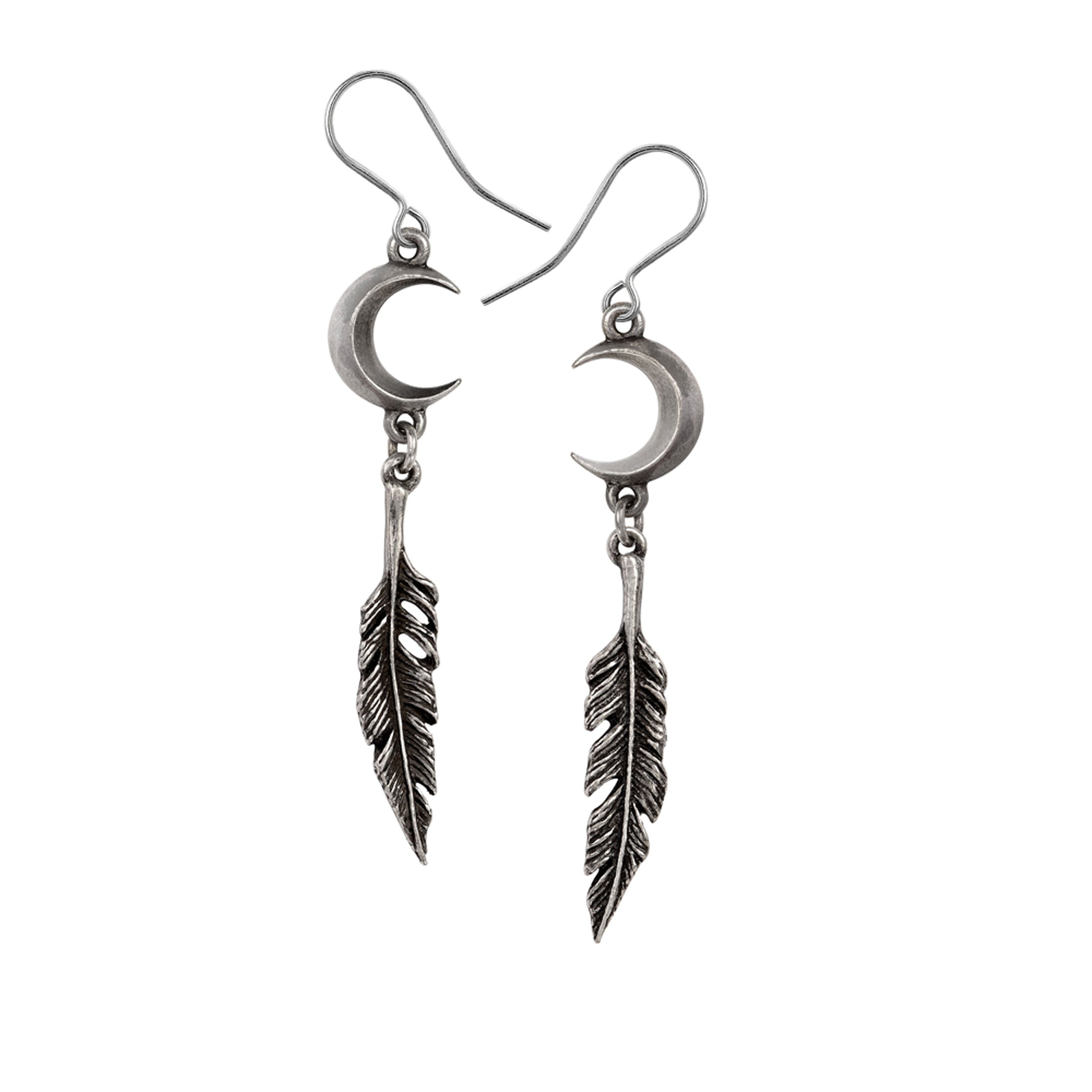 Silver moon and feather earrings on a white background