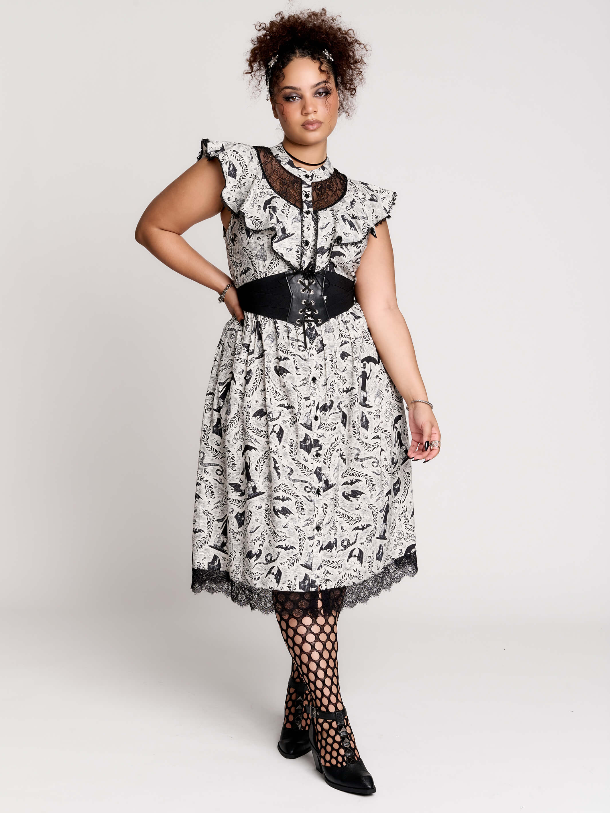 Edward Gorey Victorian Dress | Lace Yoke, Pockets & Button-Front