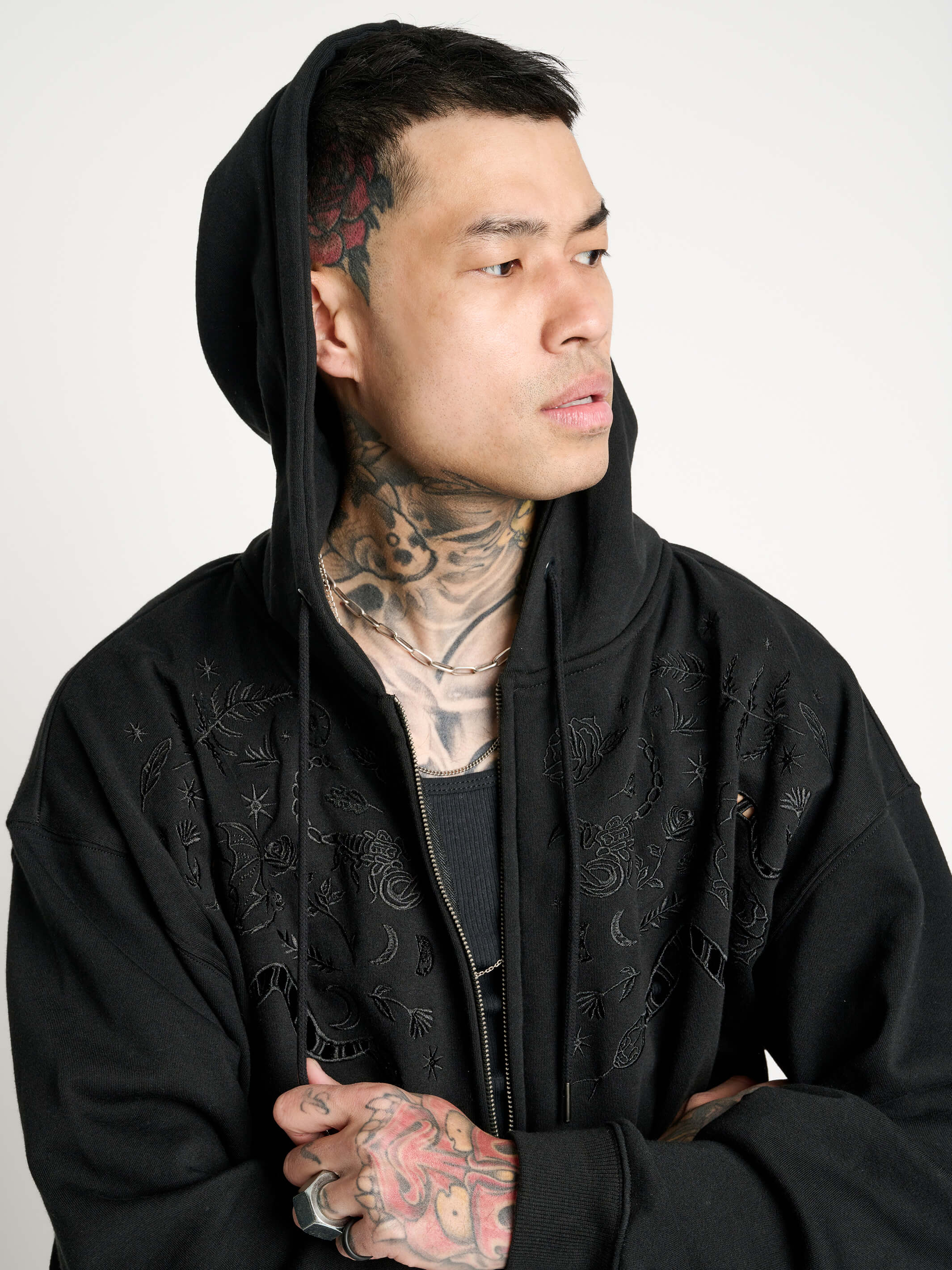 Black Embroidered Zip-Up Hoodie (Oversized) By Midnight Hour