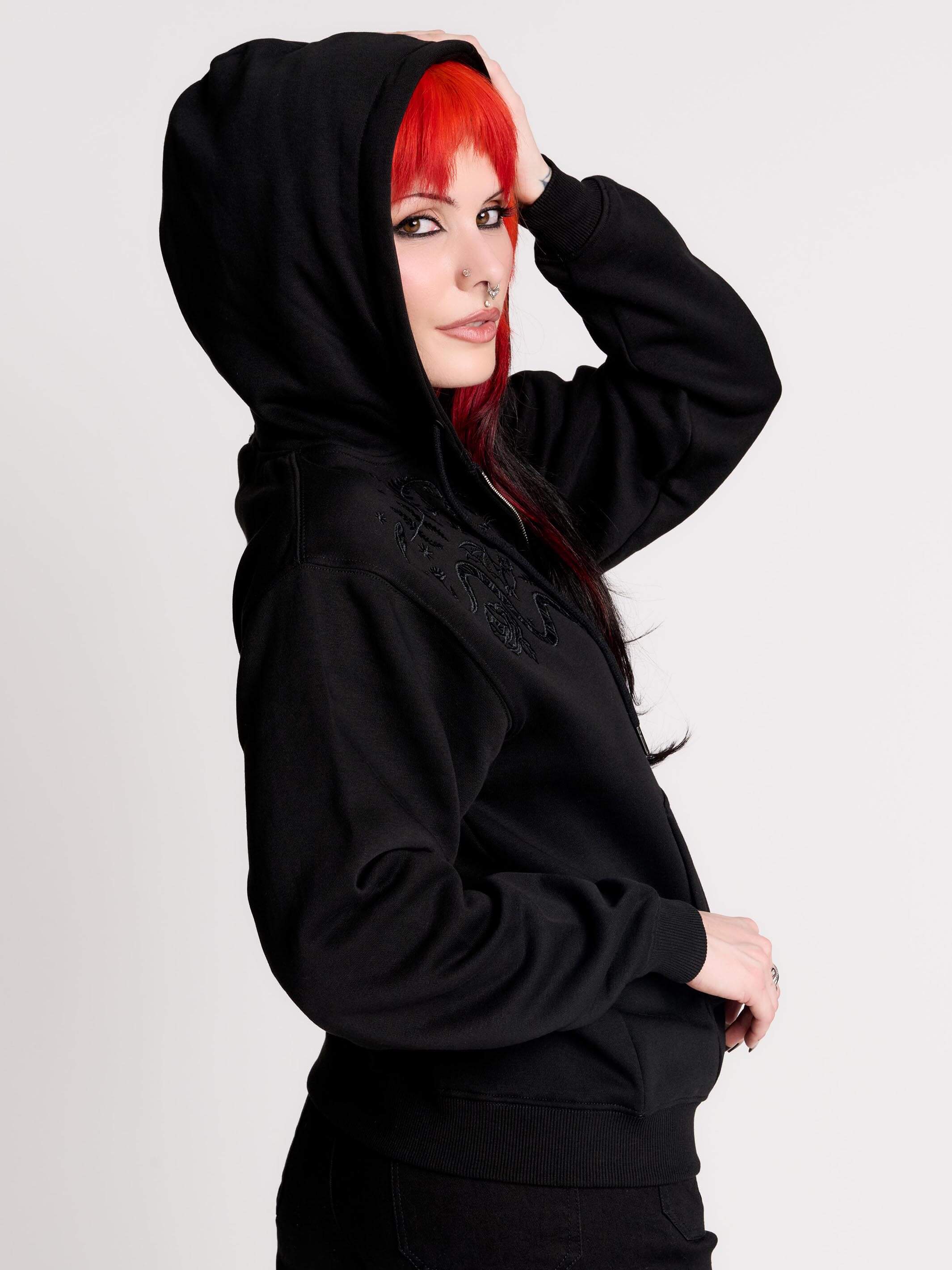 Embroidered Zip Up Hoodie by Midnight Hour – Tonal Goth Fleece