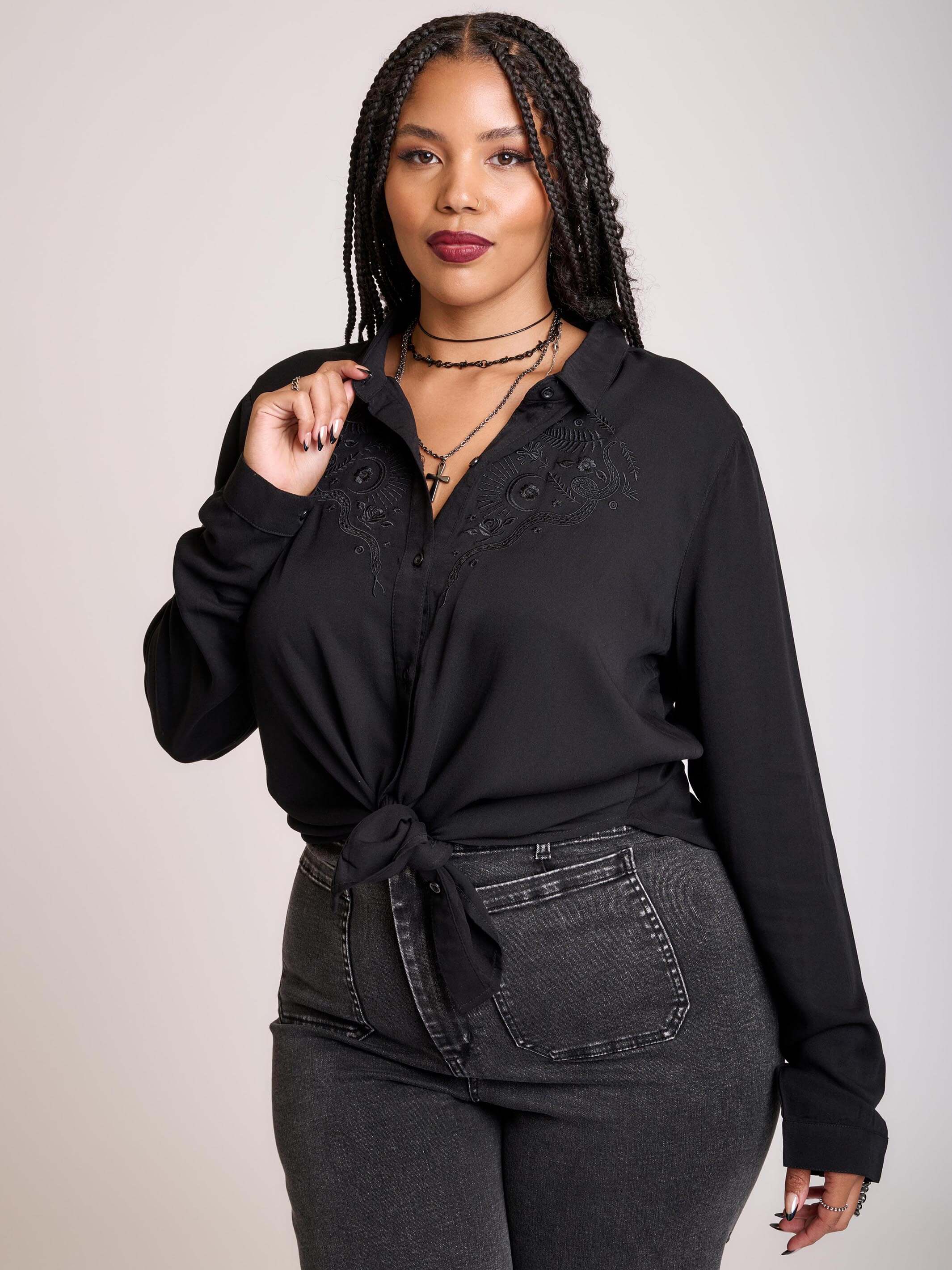 Embroidered Relics Button Up Shirt | Dark Alt Long-Sleeve