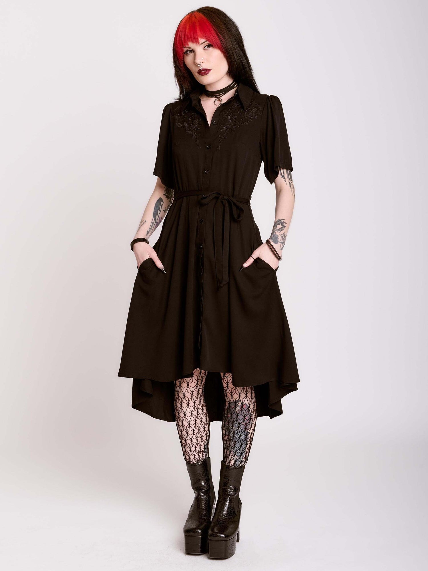 Embroidered Relics Short Sleeve Dress – Midnight Hour