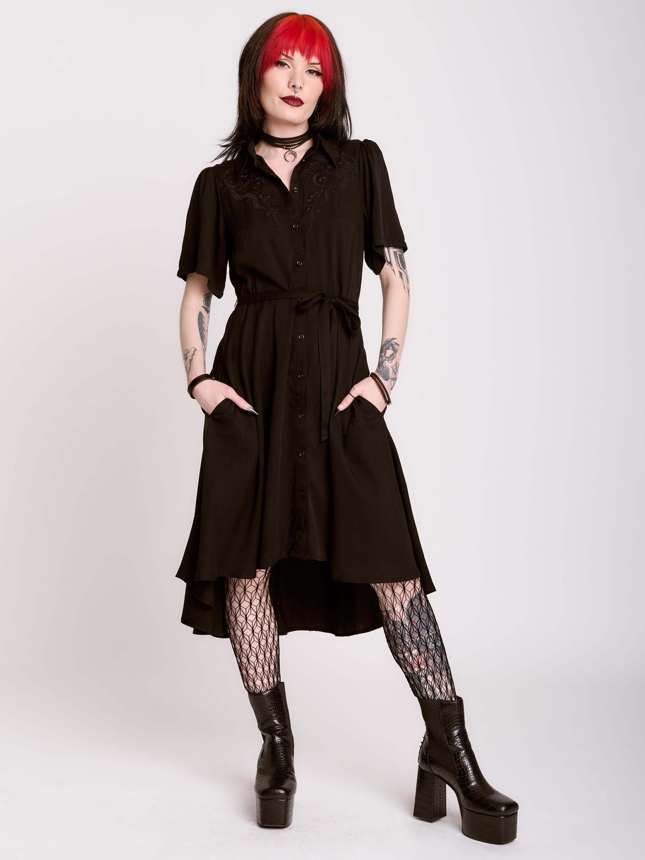 Embroidered Relics Short Sleeve Dress – Midnight Hour