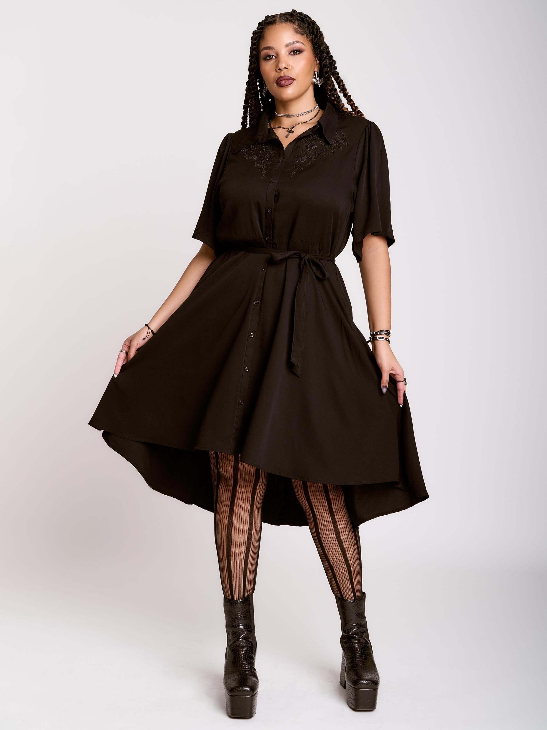 Embroidered Relics Short Sleeve Dress – Midnight Hour