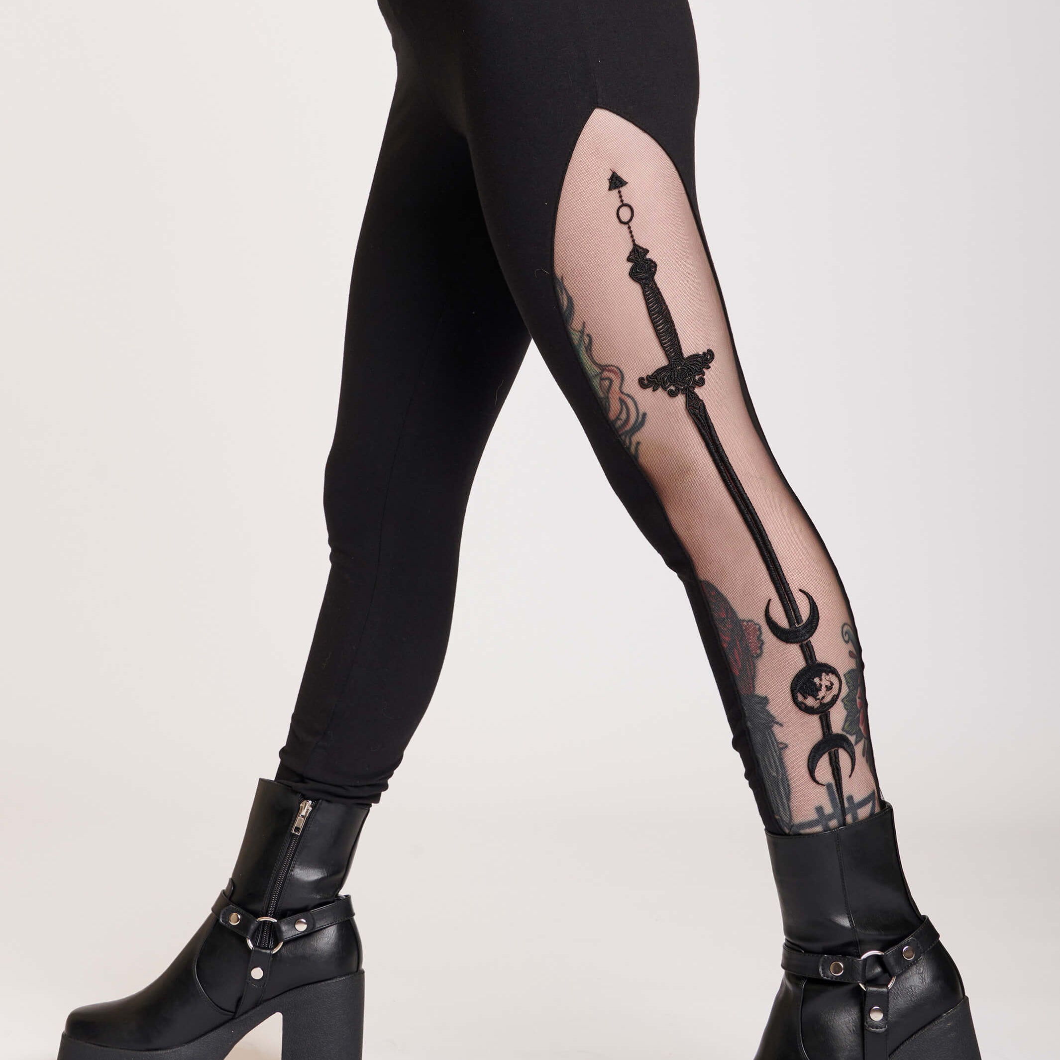 Black legging with side mesh embroidered panel