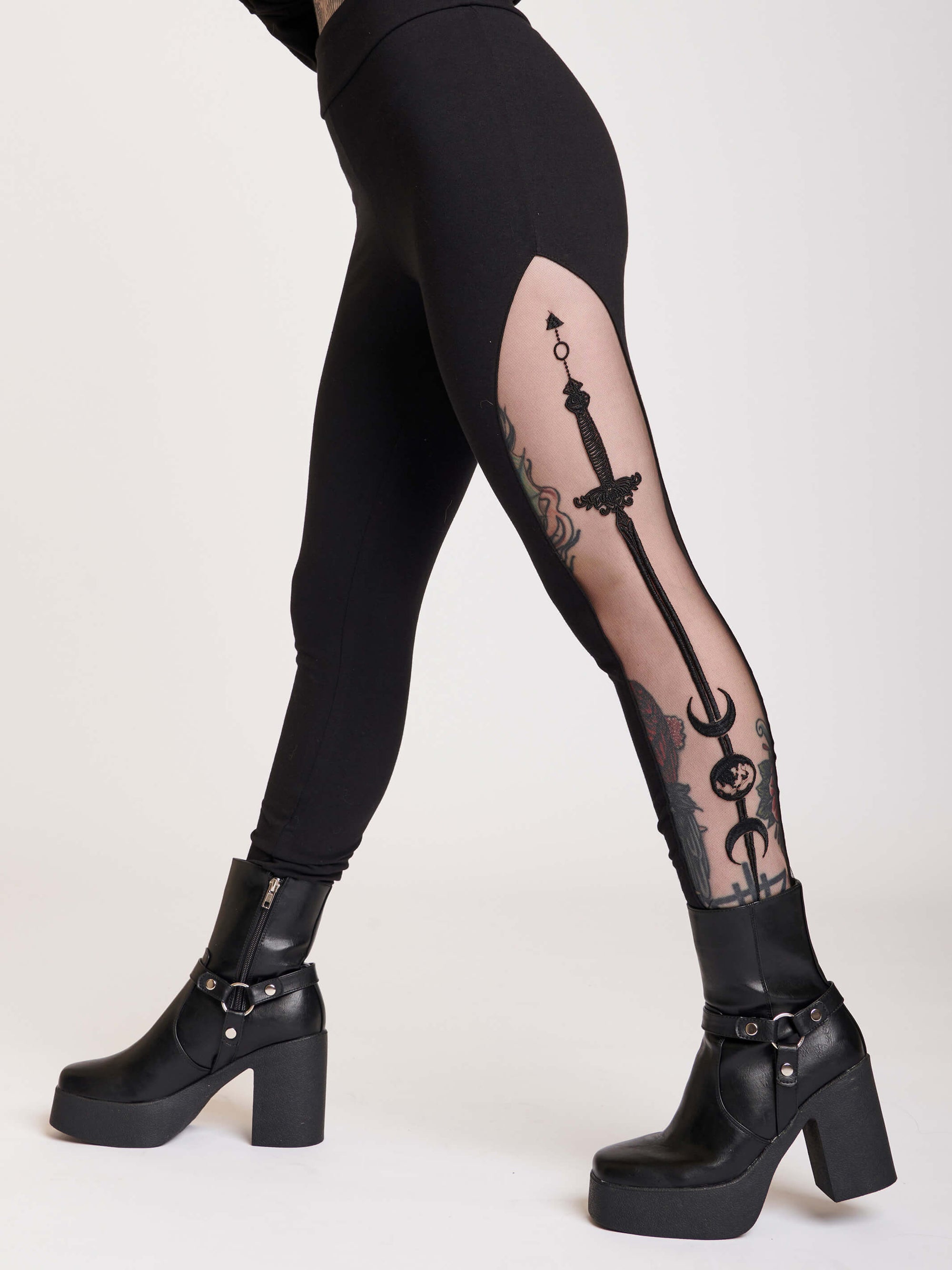 Black legging with side mesh embroidered panel