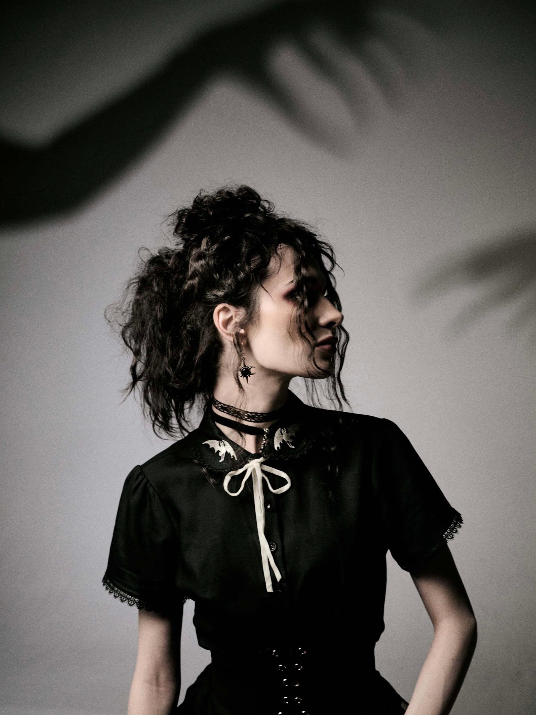 Edward Gorey Bats Blouse | Lace Collar & Removable Ribbon Tie