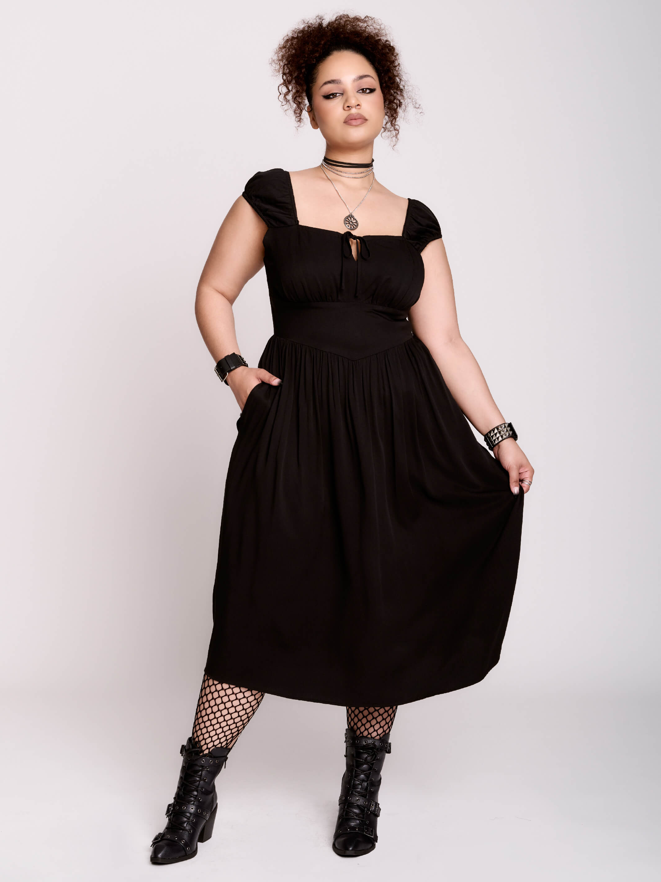 Fair Maiden Midi Dress by Midnight Hour– Black Milkmaid Goth Dress with Pockets LG / Black