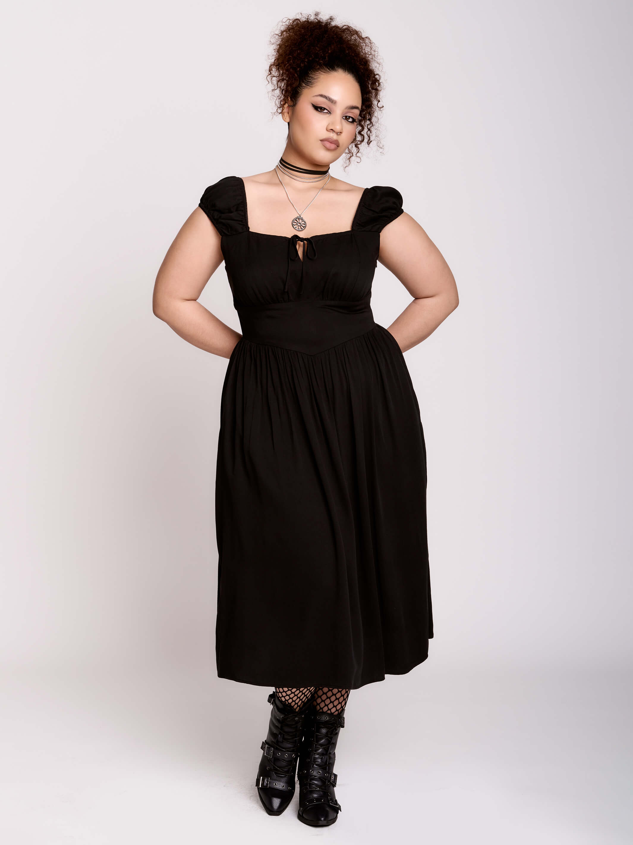 Fair Maiden Midi Dress by Midnight Hour– Black Milkmaid Goth Dress