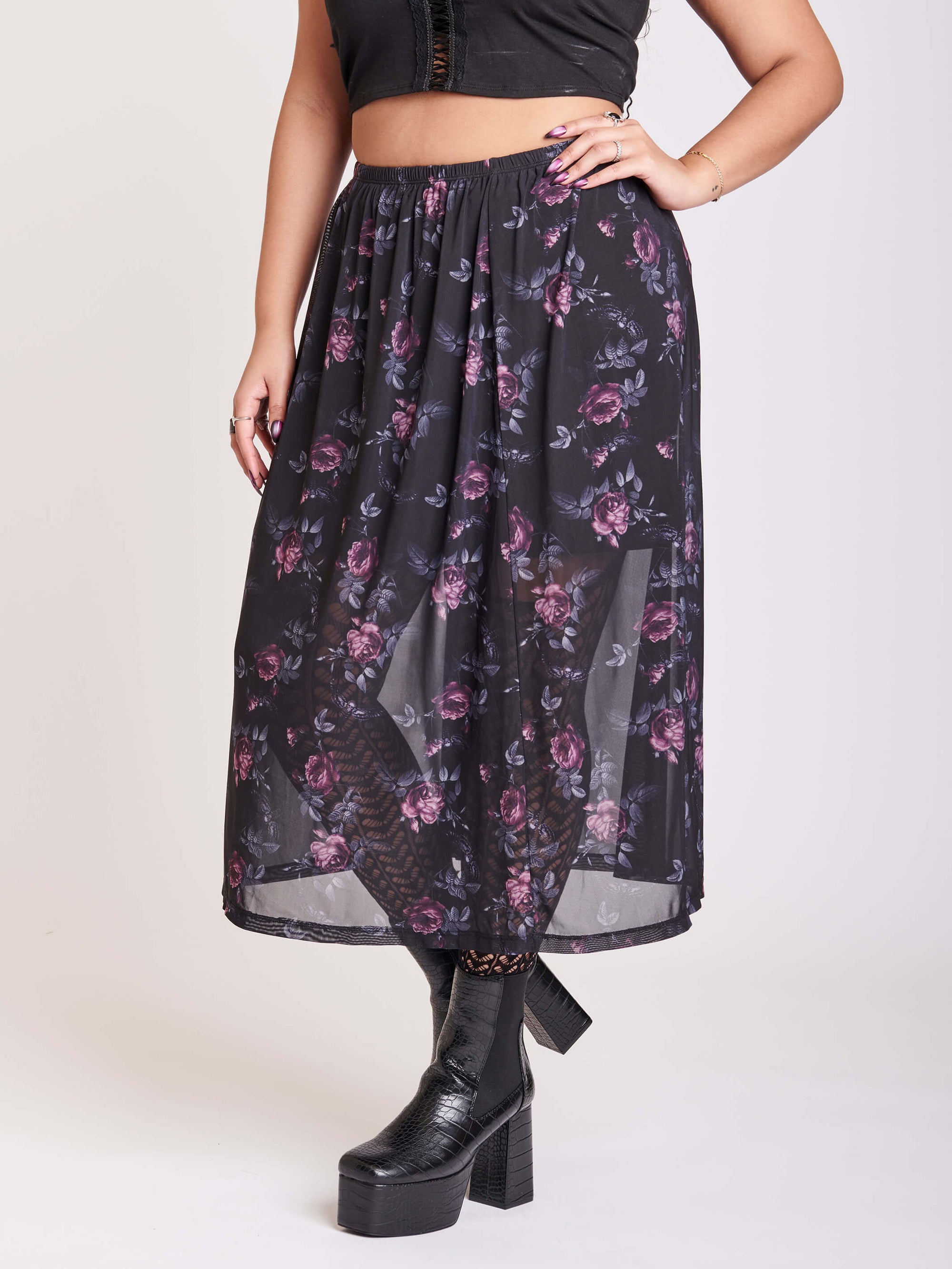 Floral Print Mesh Skirt