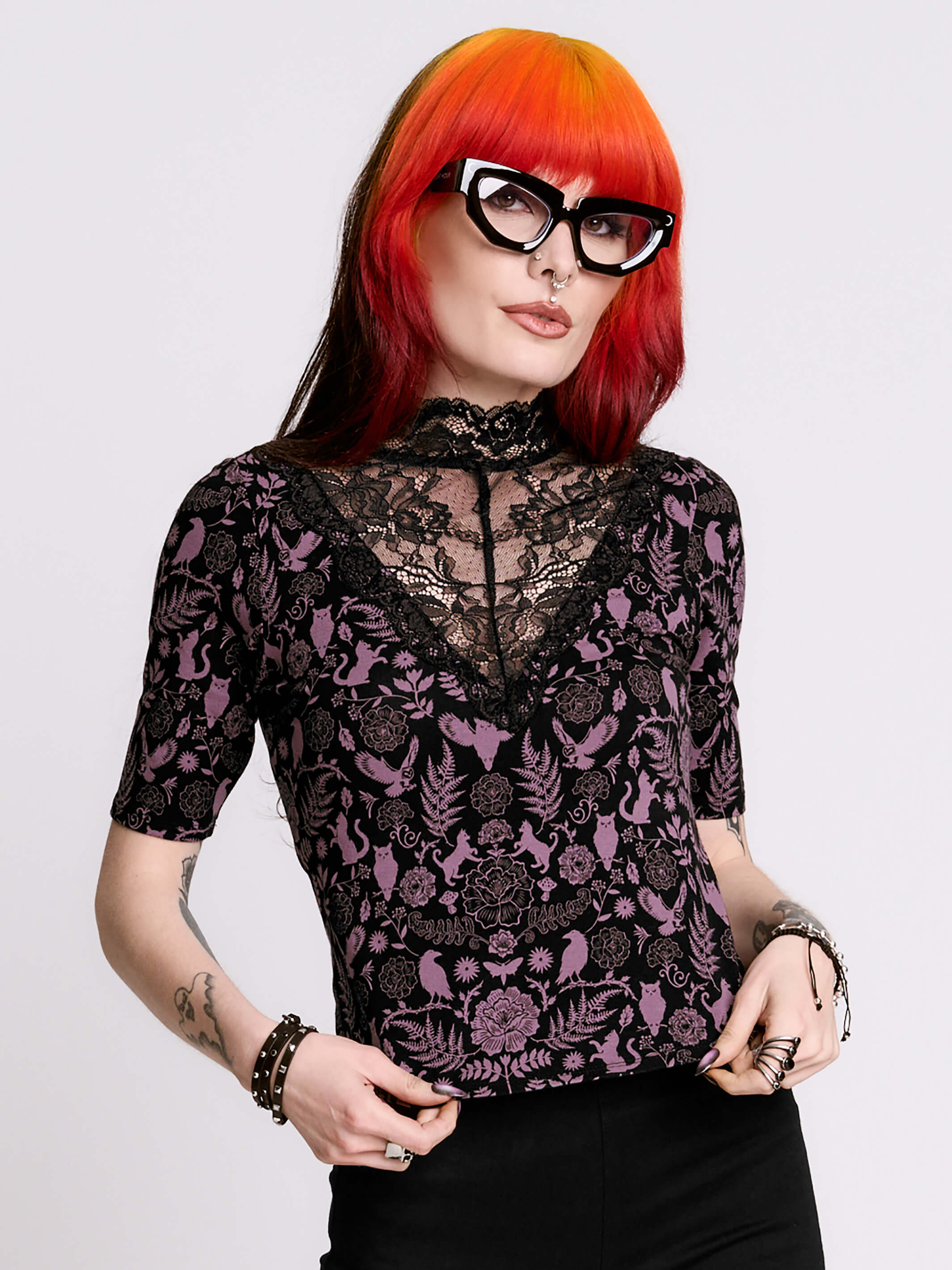 Folklore Lace Top – Gothic Lace Mock Neck Printed Top – Midnight Hour