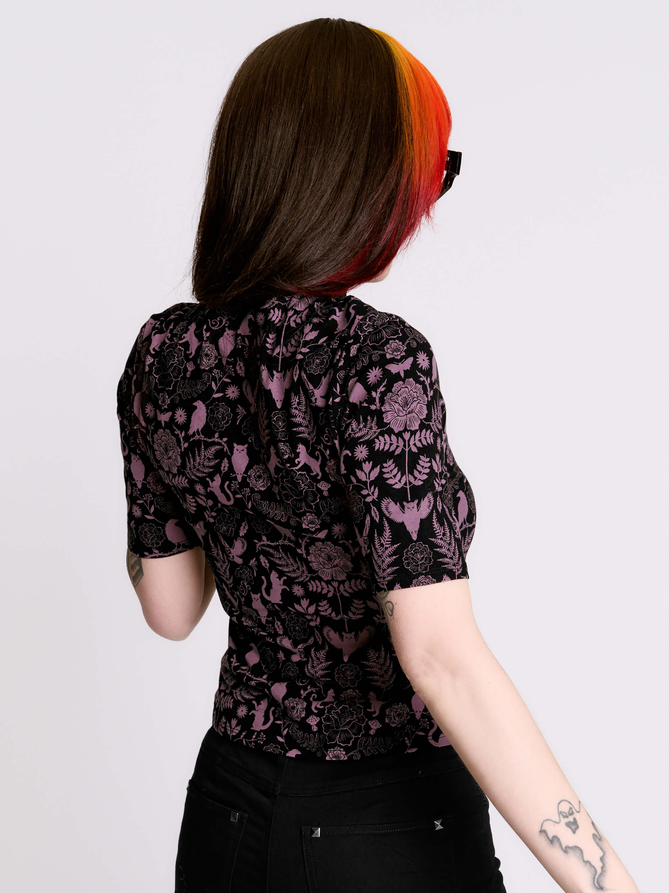 Folklore Lace Top – Gothic Lace Mock Neck Printed Top – Midnight Hour