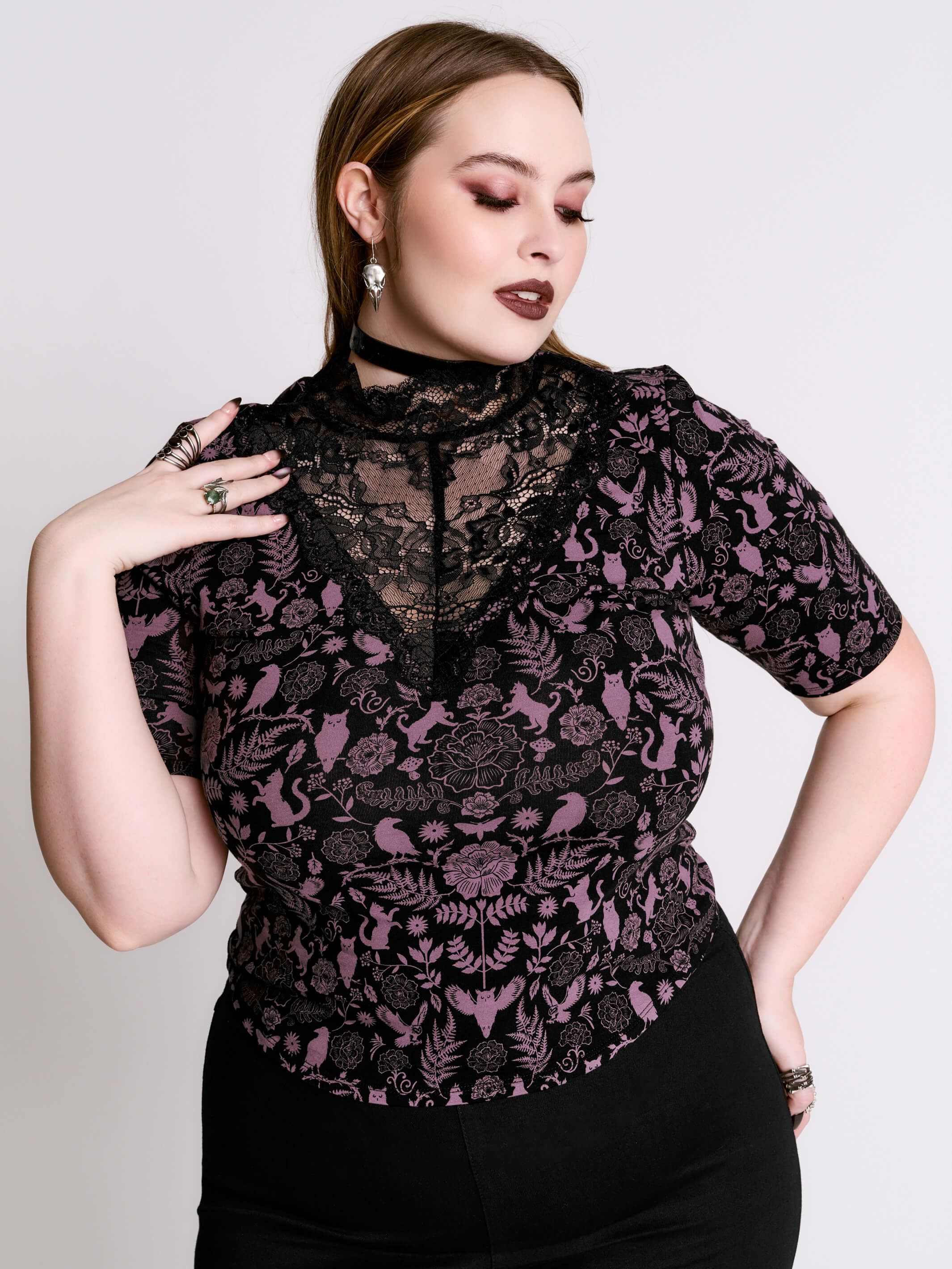 Folklore Lace Top – Gothic Lace Mock Neck Printed Top – Midnight Hour