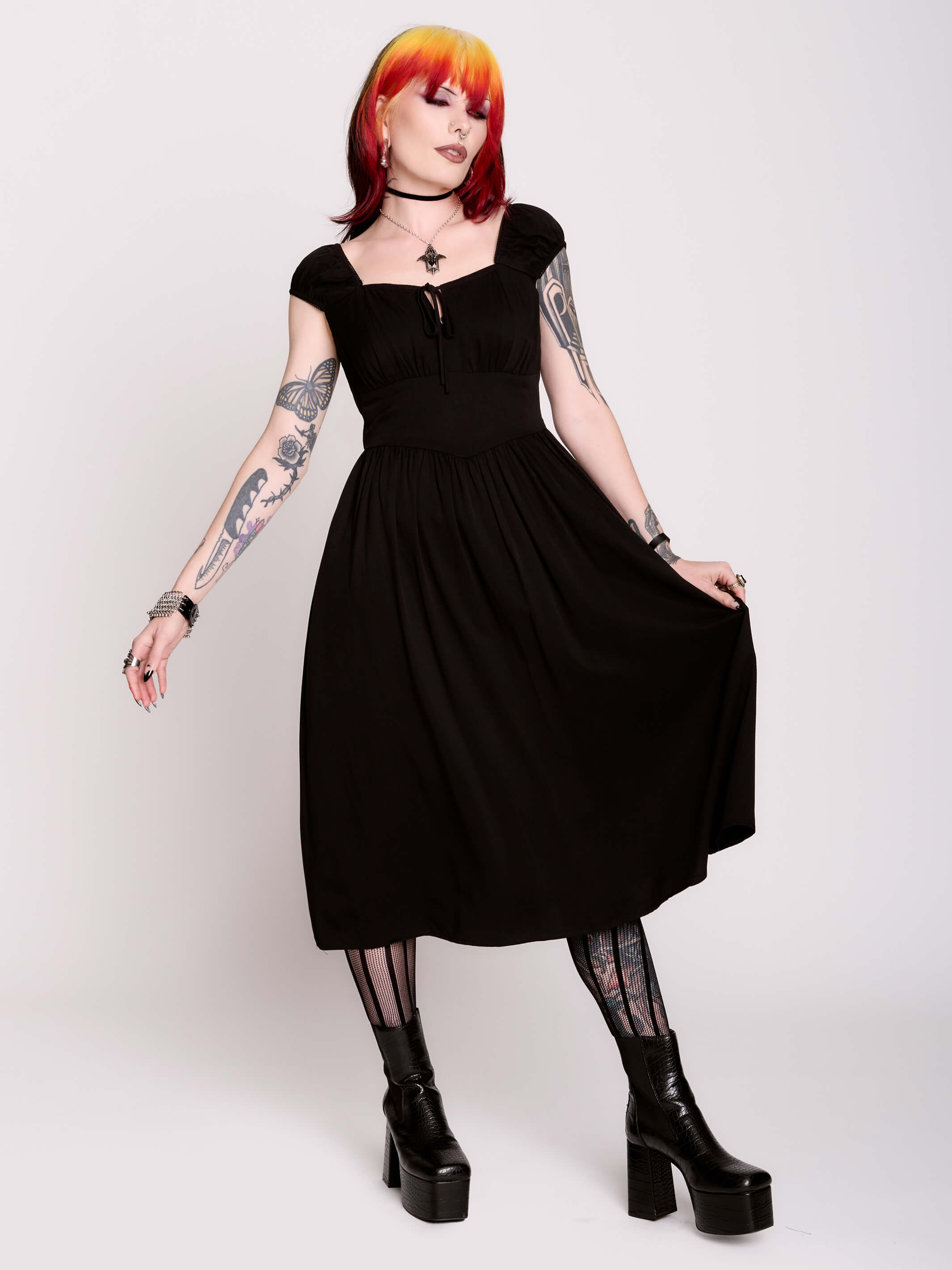 Fair Maiden Midi Dress by Midnight Hour– Black Milkmaid Goth Dress