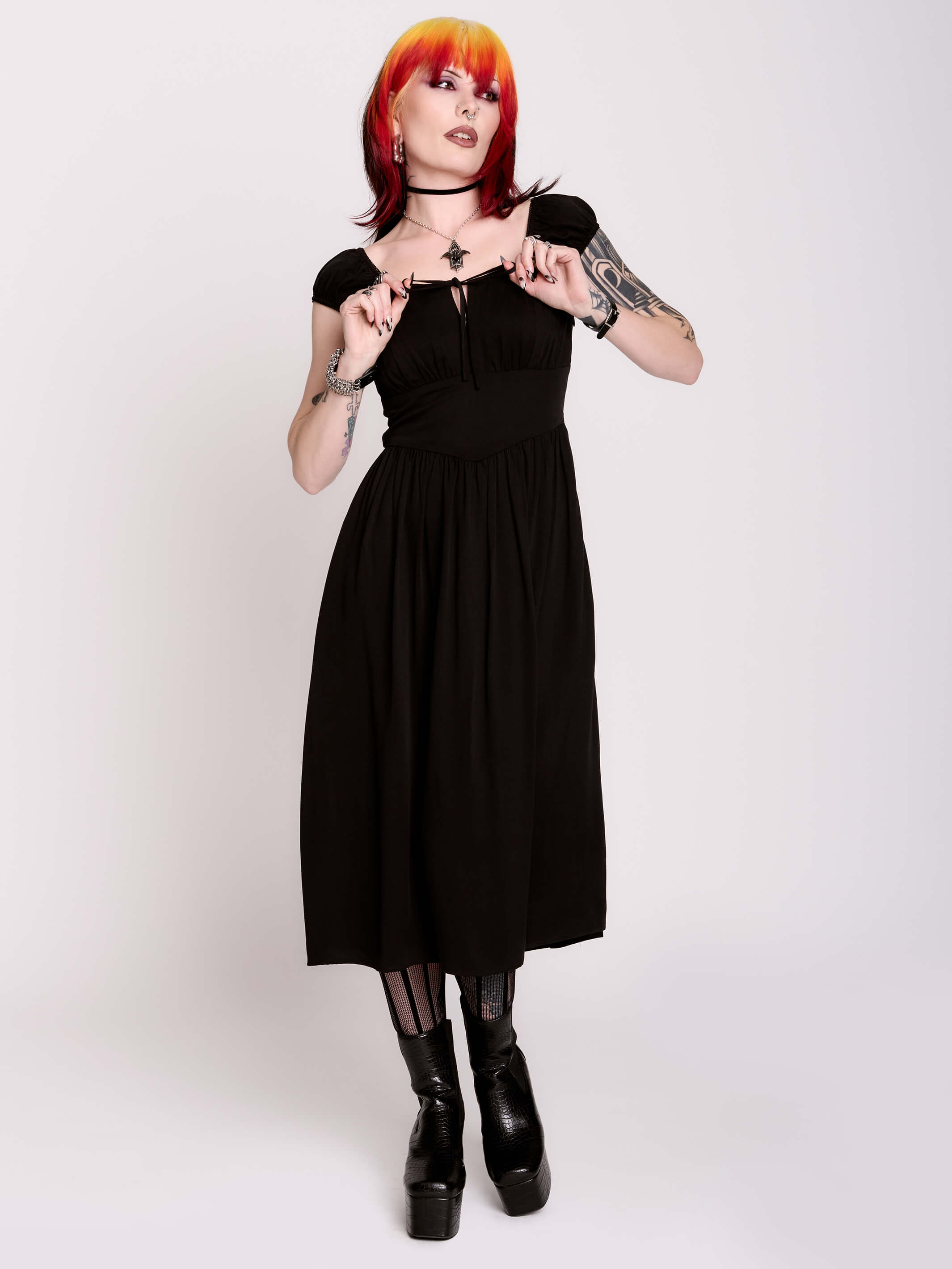 Fair Maiden Midi Dress by Midnight Hour– Black Milkmaid Goth Dress