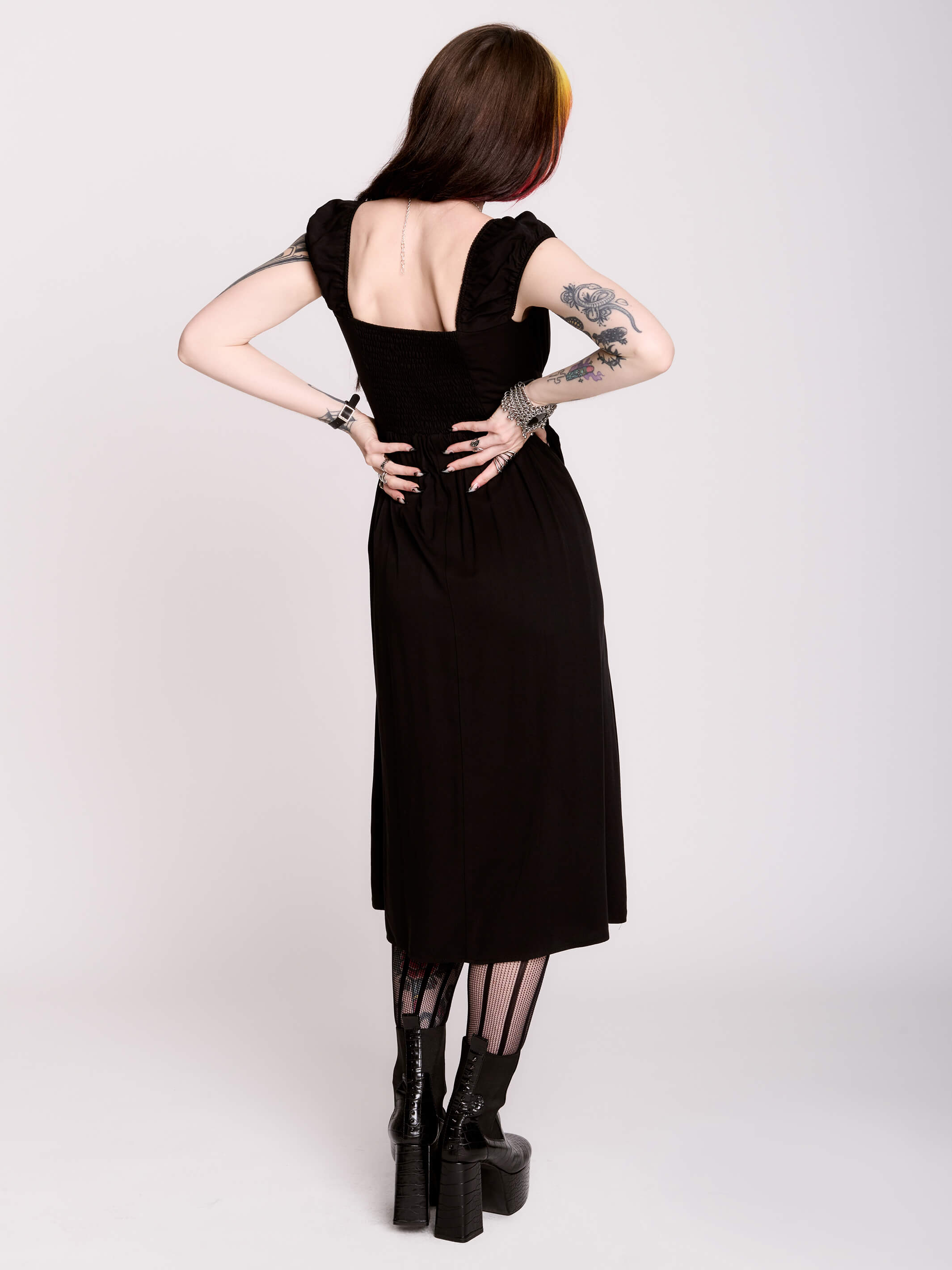 Fair Maiden Midi Dress by Midnight Hour– Black Milkmaid Goth Dress