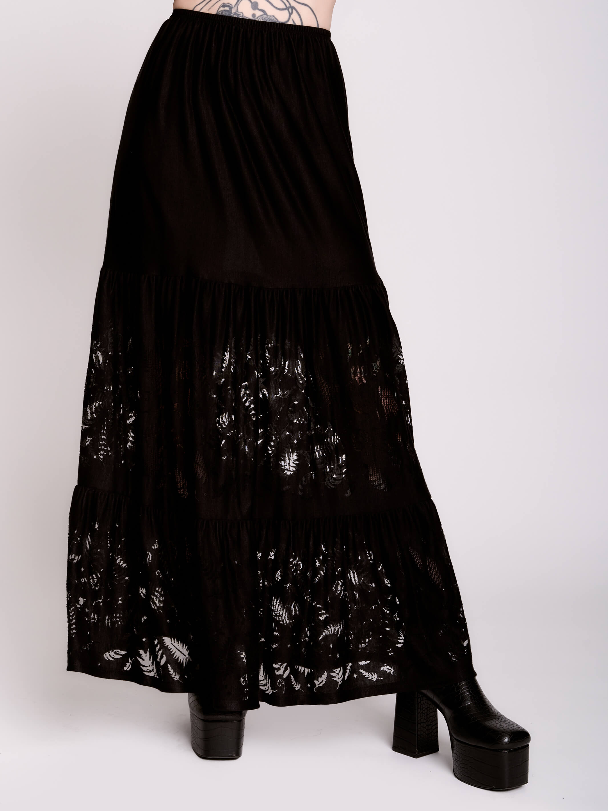 Fern Peasant Skirt | Gothic Tiered Maxi With Burnout Mesh