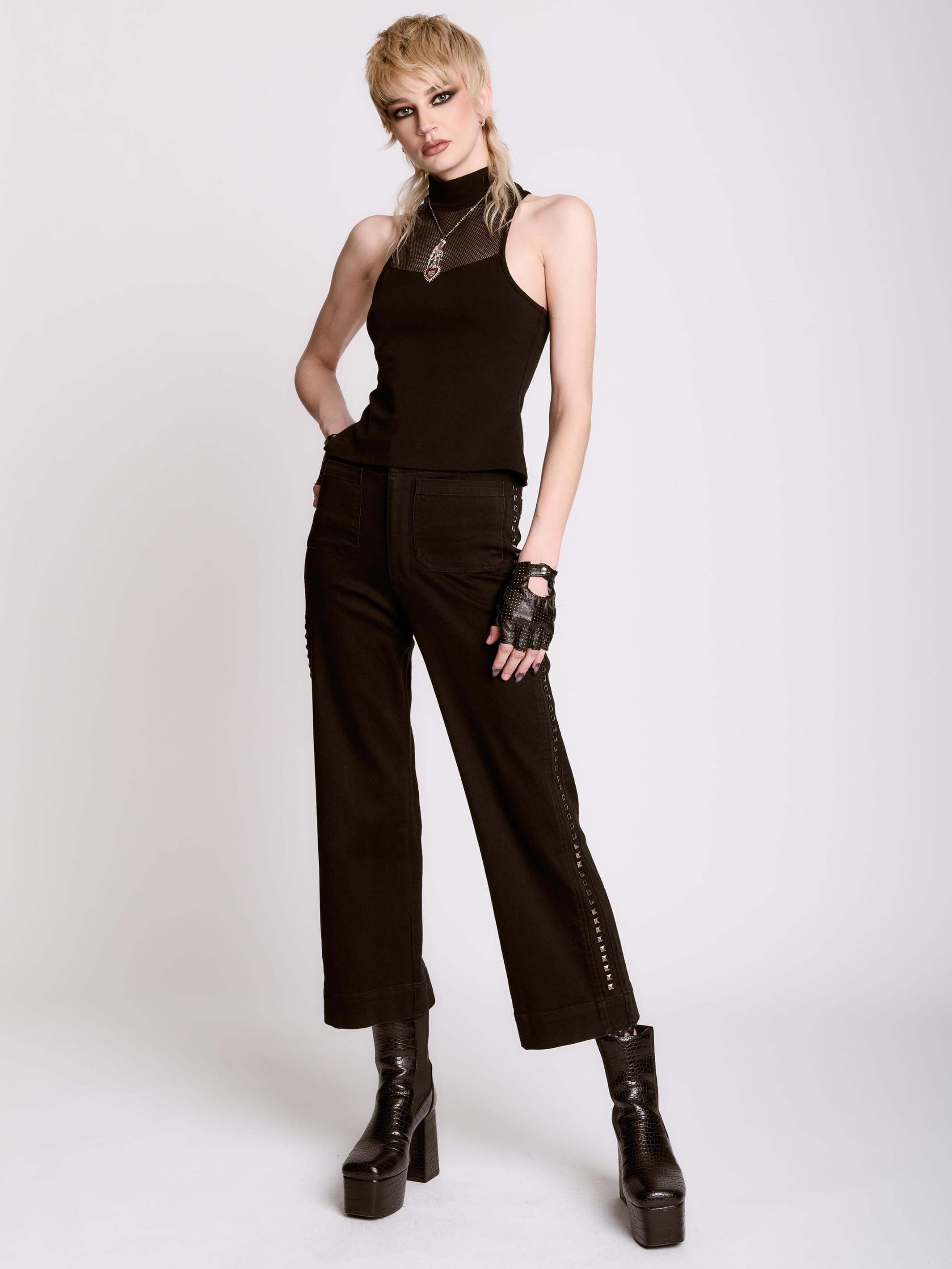 Black Fishnet Mock Neck Tank Top by Midnight Hour – Mesh Yoke, USA