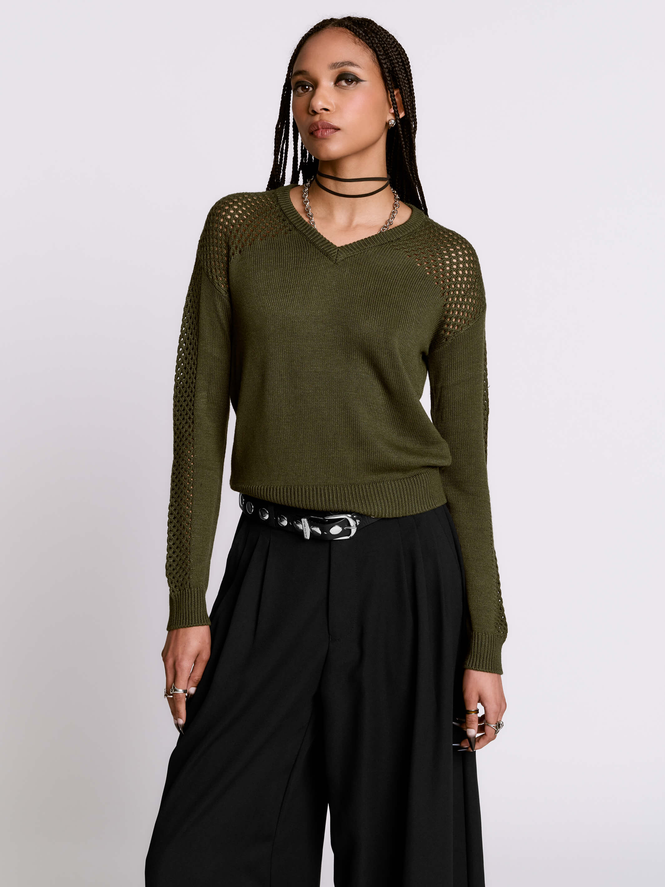 Army Green Fishnet Sweater by Midnight Hour – V-Neck Open-Knit Gothic Top