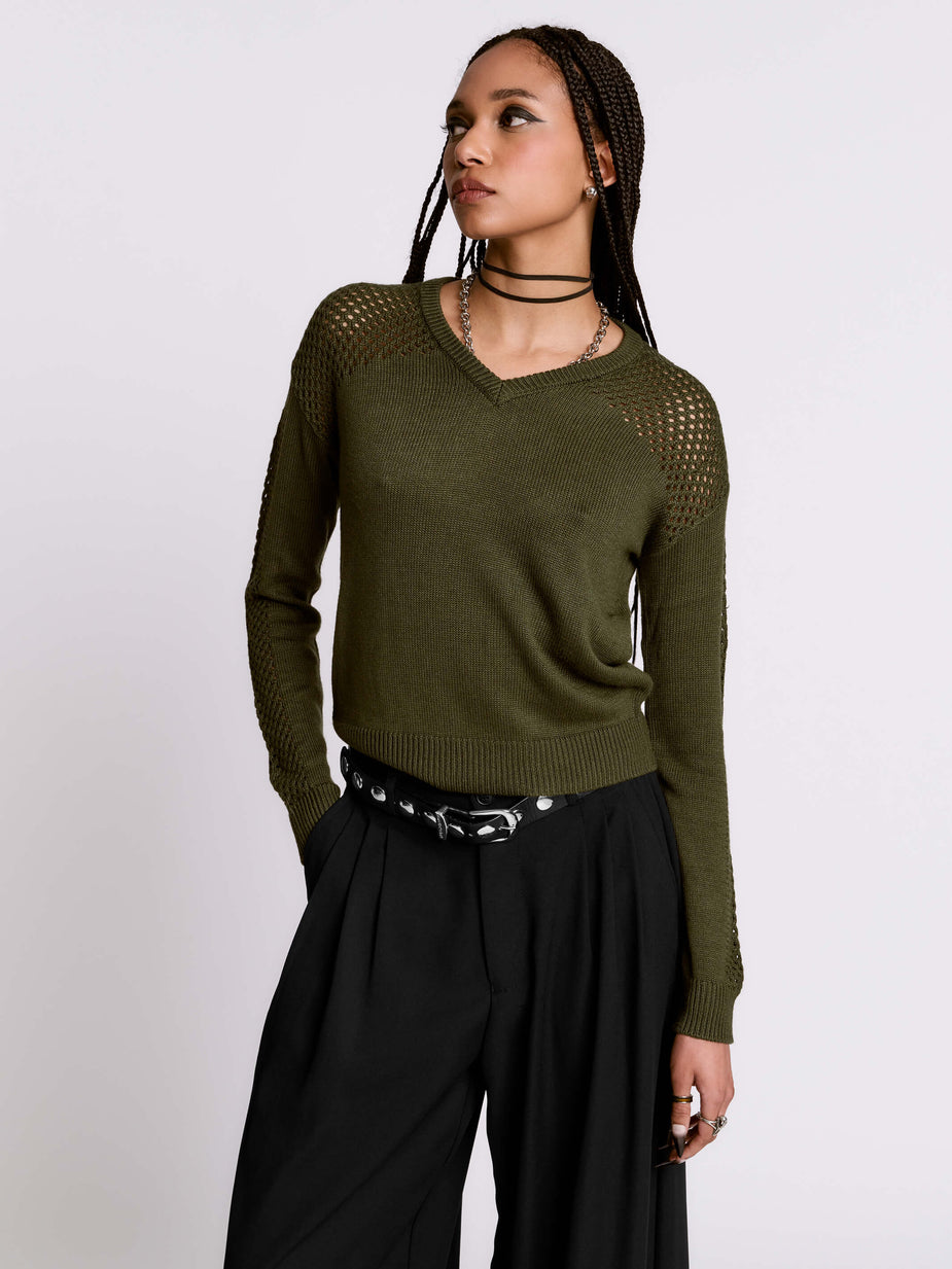 Army Green Fishnet Sweater by Midnight Hour – V-Neck Open-Knit Gothic Top